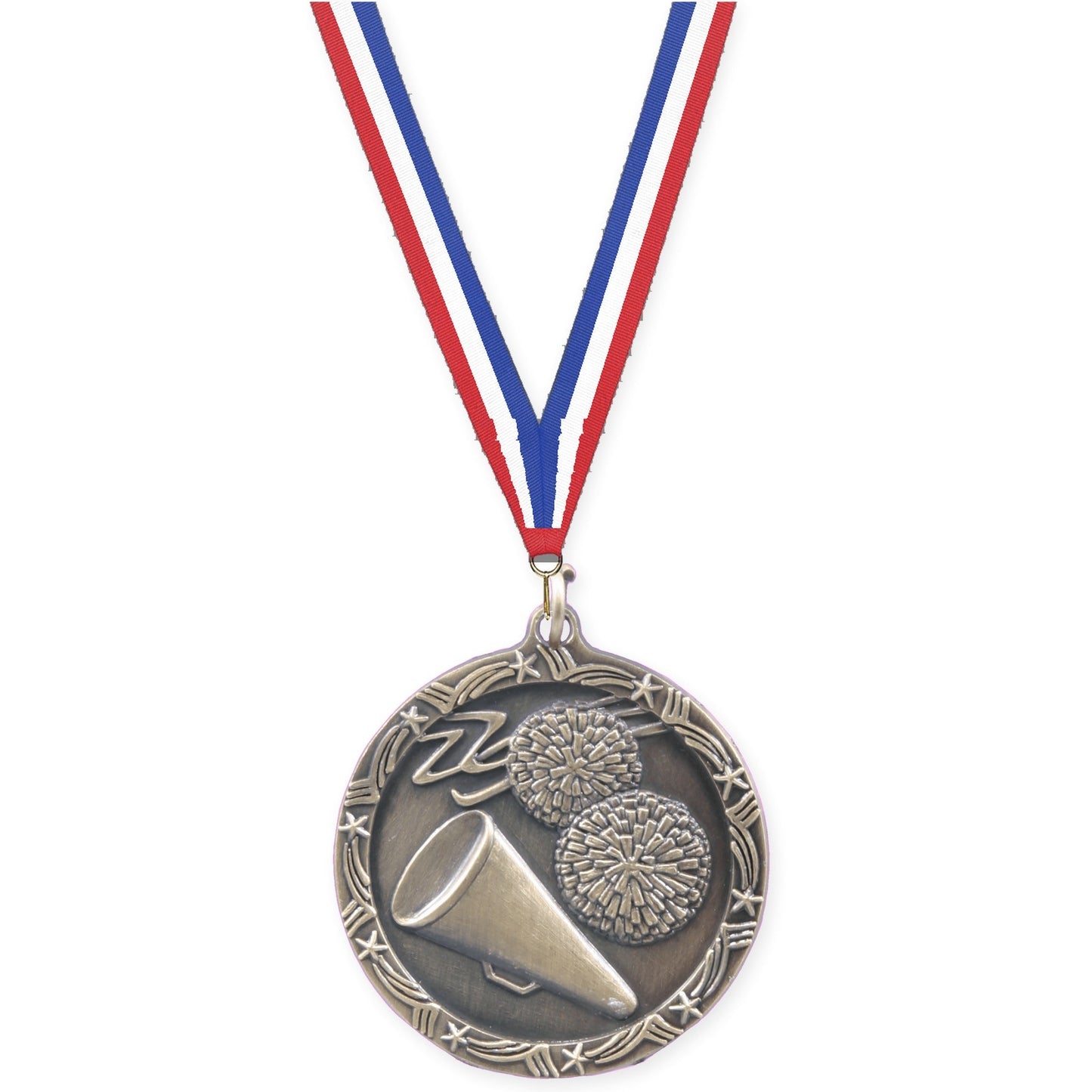 1 3/4 inch cheerleading Shooting Star medal in antique gold with Red White Blue neck ribbon