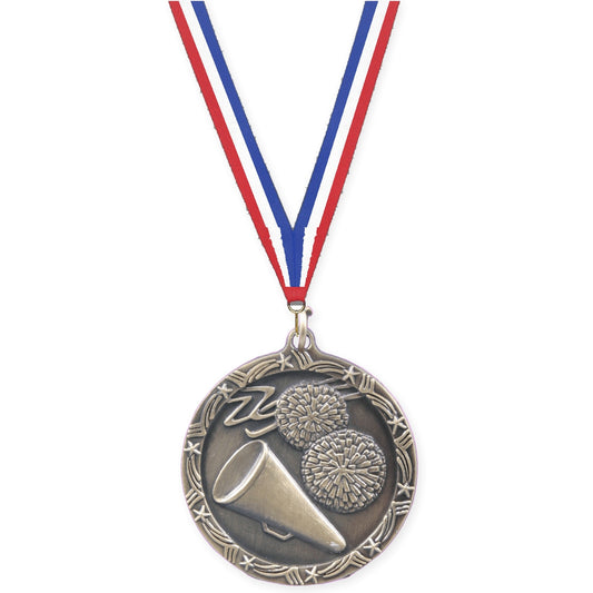 1 3/4 inch cheerleading Shooting Star medal in antique gold with Red White Blue neck ribbon