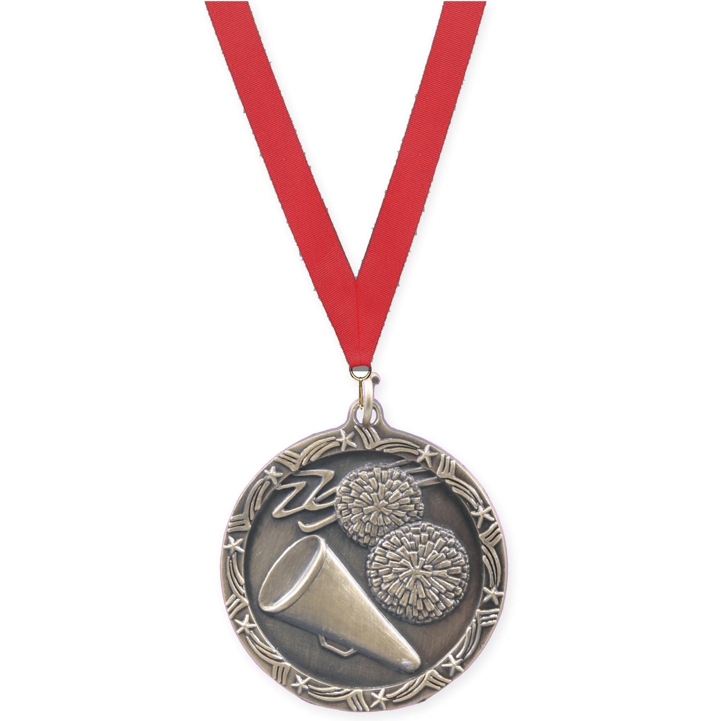 1 3/4 inch cheerleading Shooting Star medal in antique gold with Red neck ribbon
