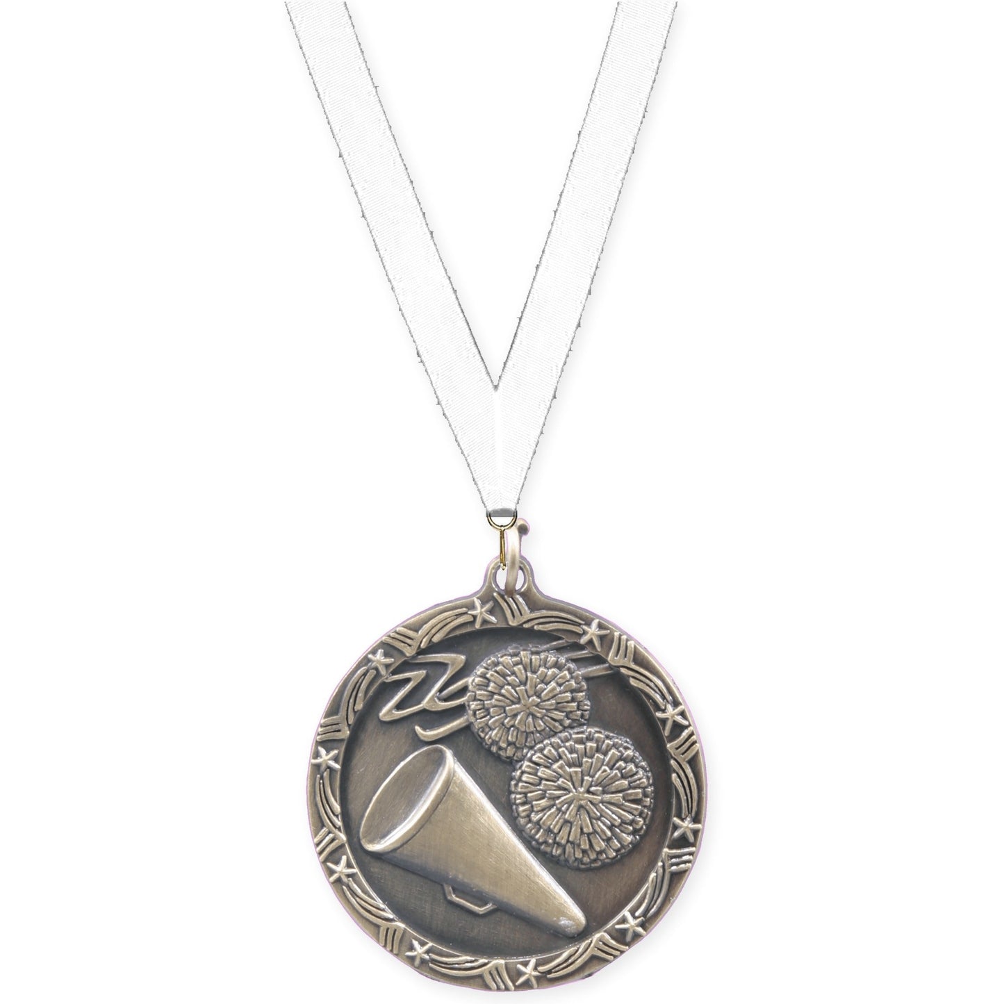 1 3/4 inch cheerleading Shooting Star medal in antique gold with White neck ribbon