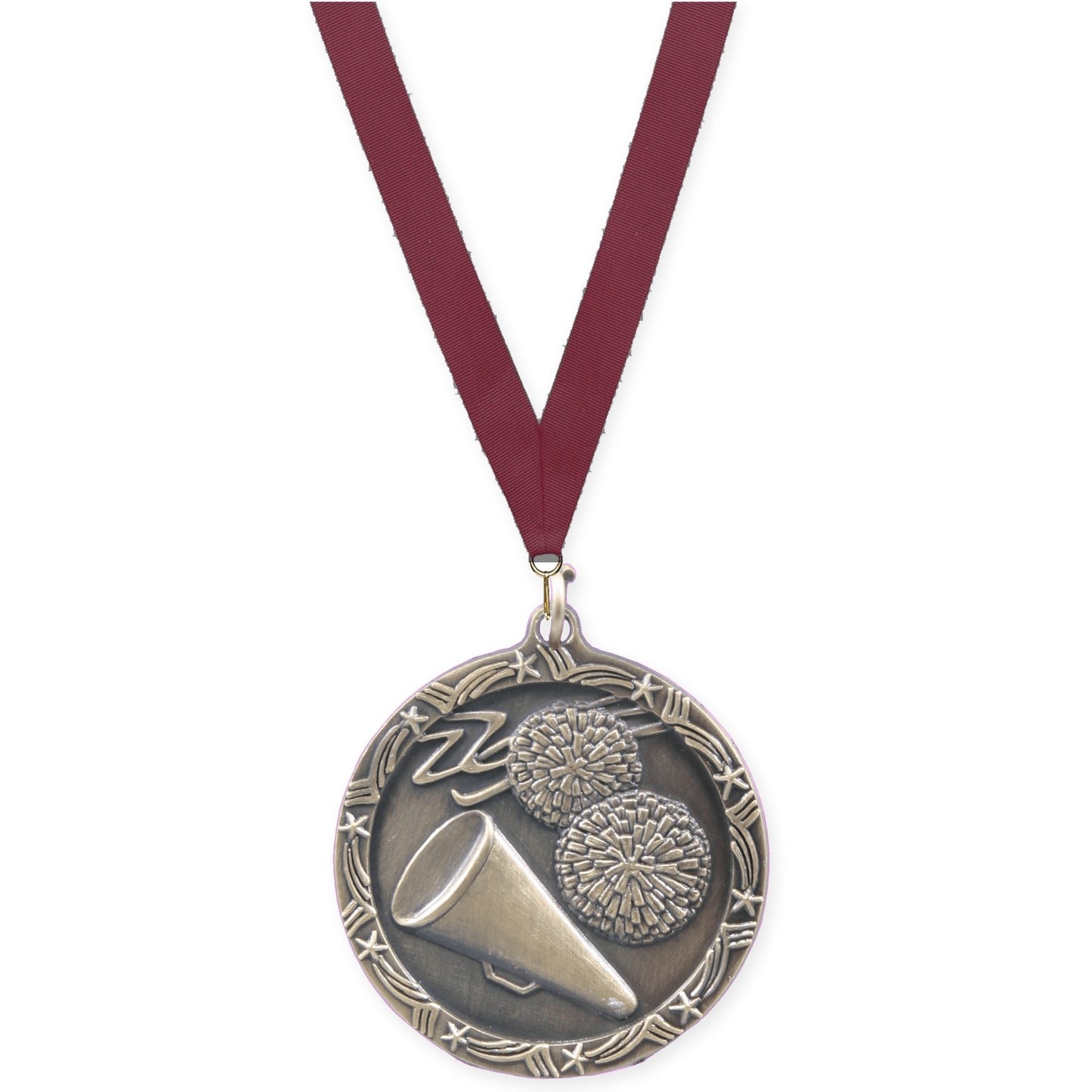 1 3/4 inch cheerleading Shooting Star medal in antique gold with Maroon neck ribbon