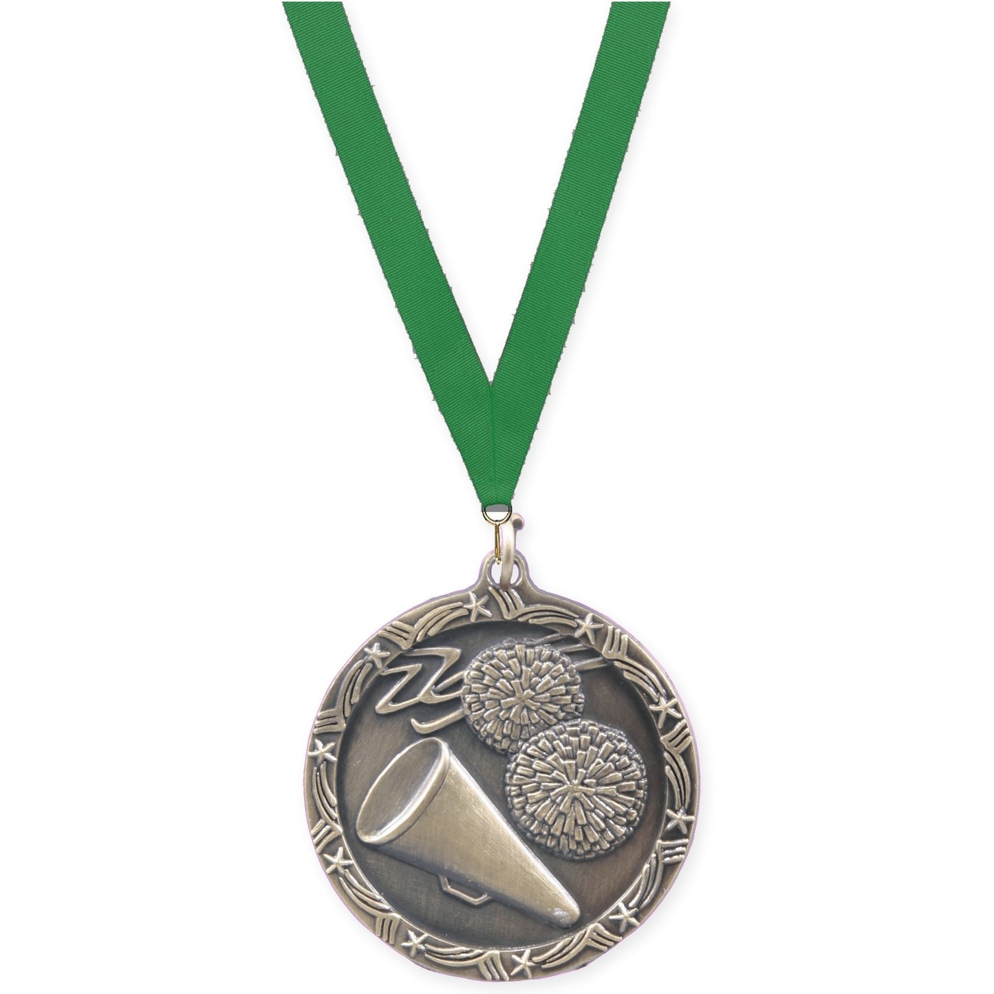 1 3/4 inch cheerleading Shooting Star medal in antique gold with Green neck ribbon