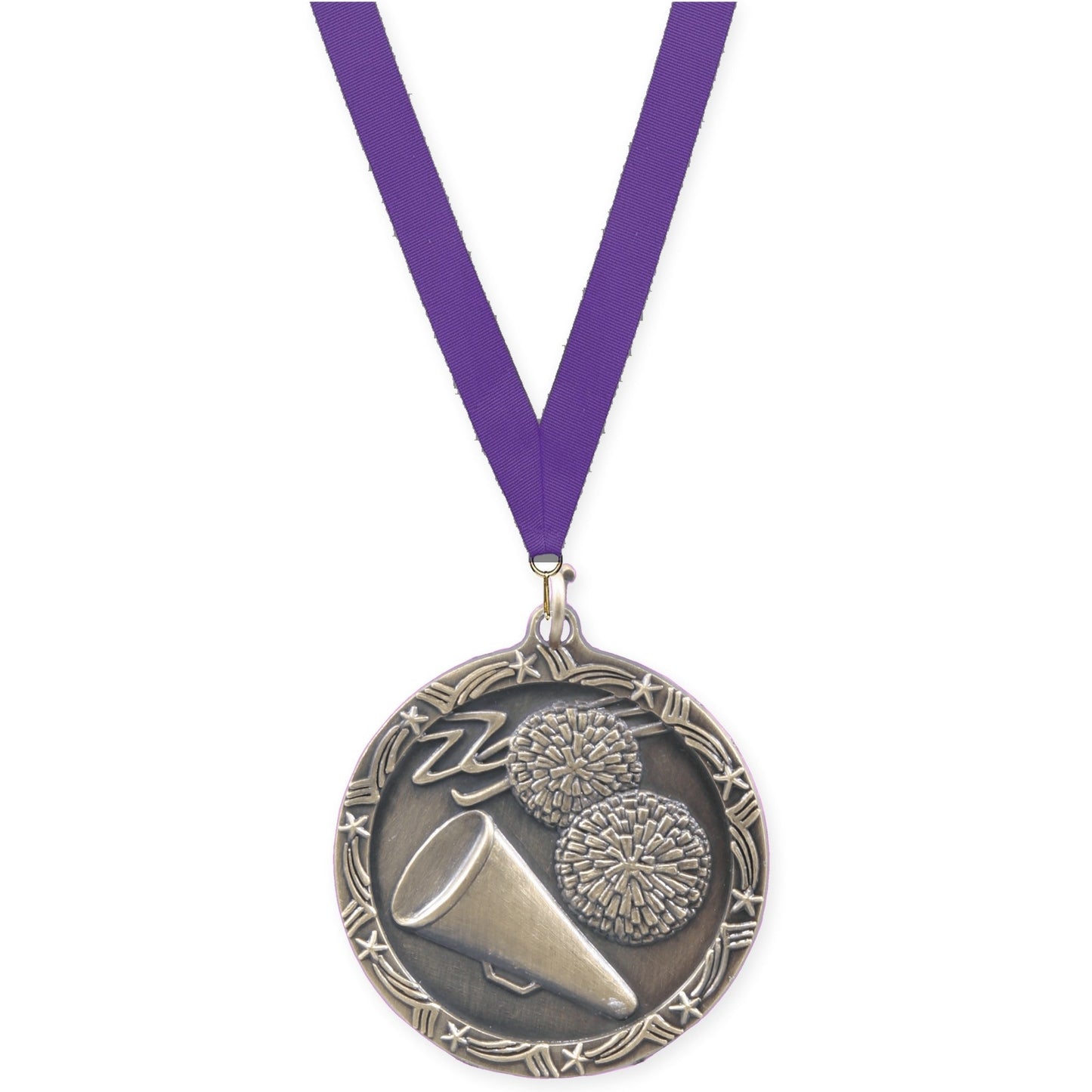 1 3/4 inch cheerleading Shooting Star medal in antique gold with Purple neck ribbon