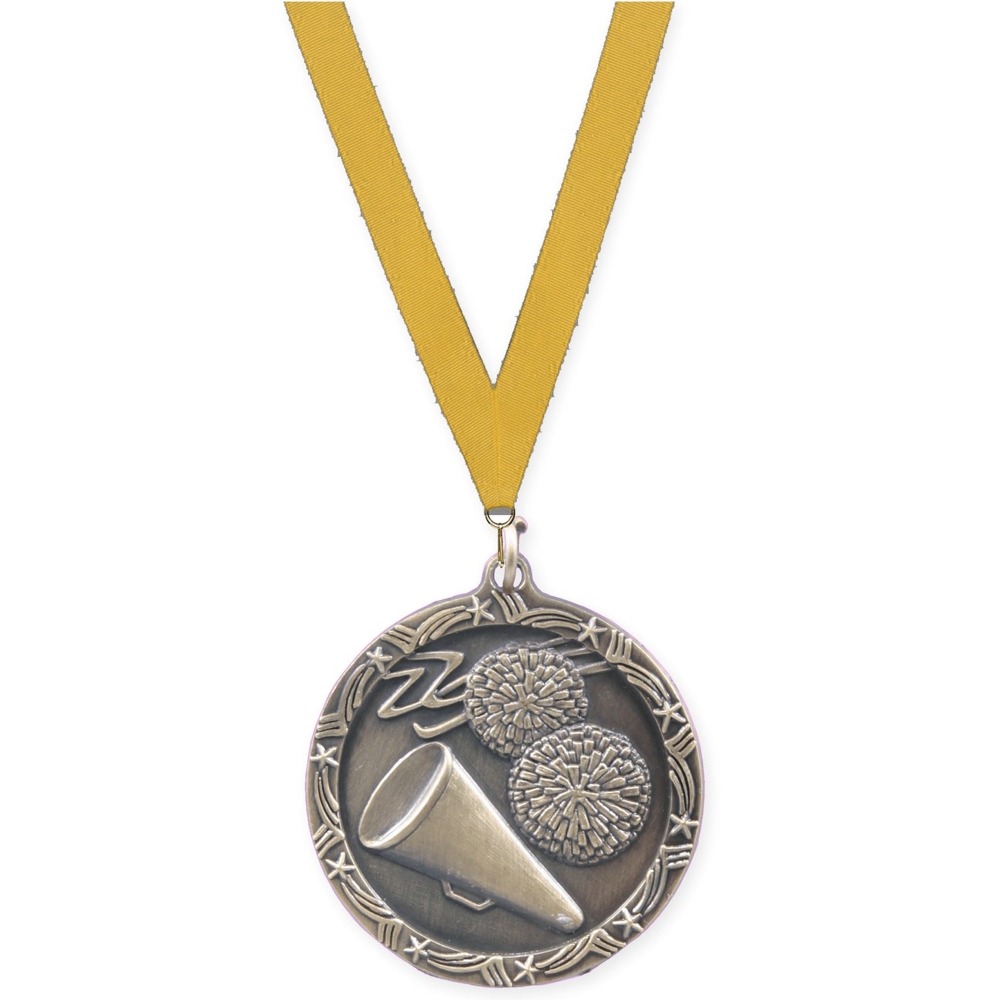 1 3/4 inch cheerleading Shooting Star medal in antique gold with Gold neck ribbon