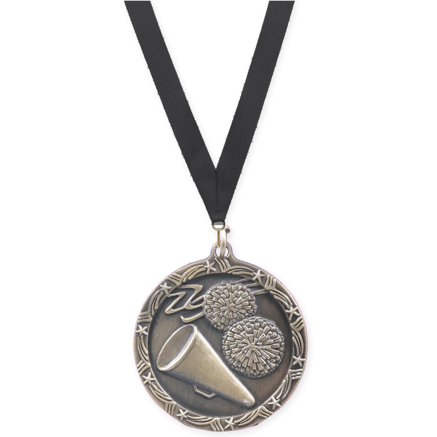 1 3/4 inch cheerleading Shooting Star medal in antique gold with Black neck ribbon