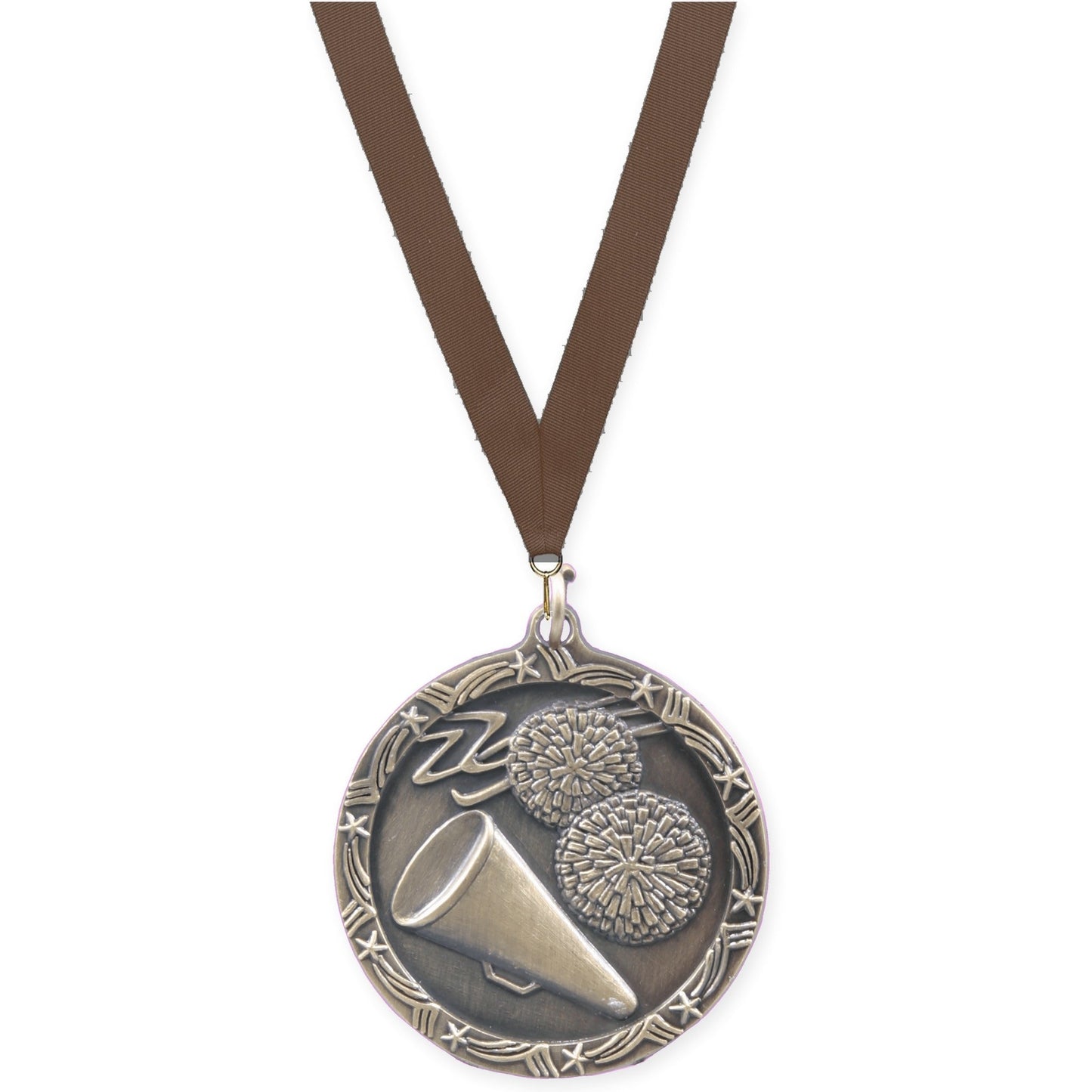 1 3/4 inch cheerleading Shooting Star medal in antique gold with Brown neck ribbon