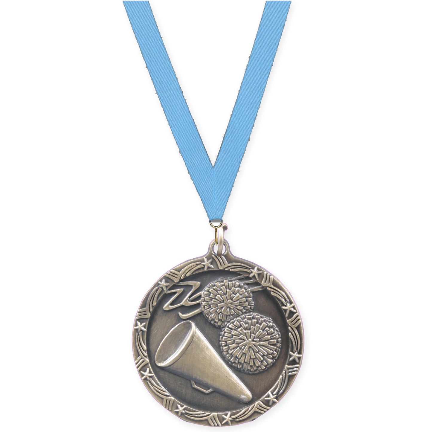 1 3/4 inch cheerleading Shooting Star medal in antique gold with Light Blue neck ribbon