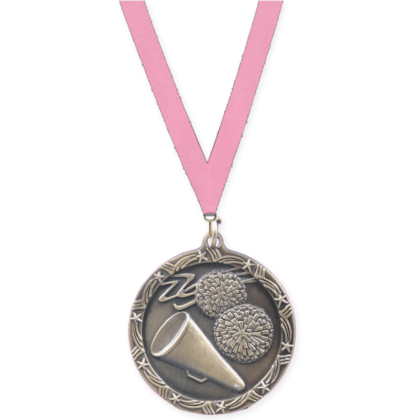 1 3/4 inch cheerleading Shooting Star medal in antique gold with Pink neck ribbon