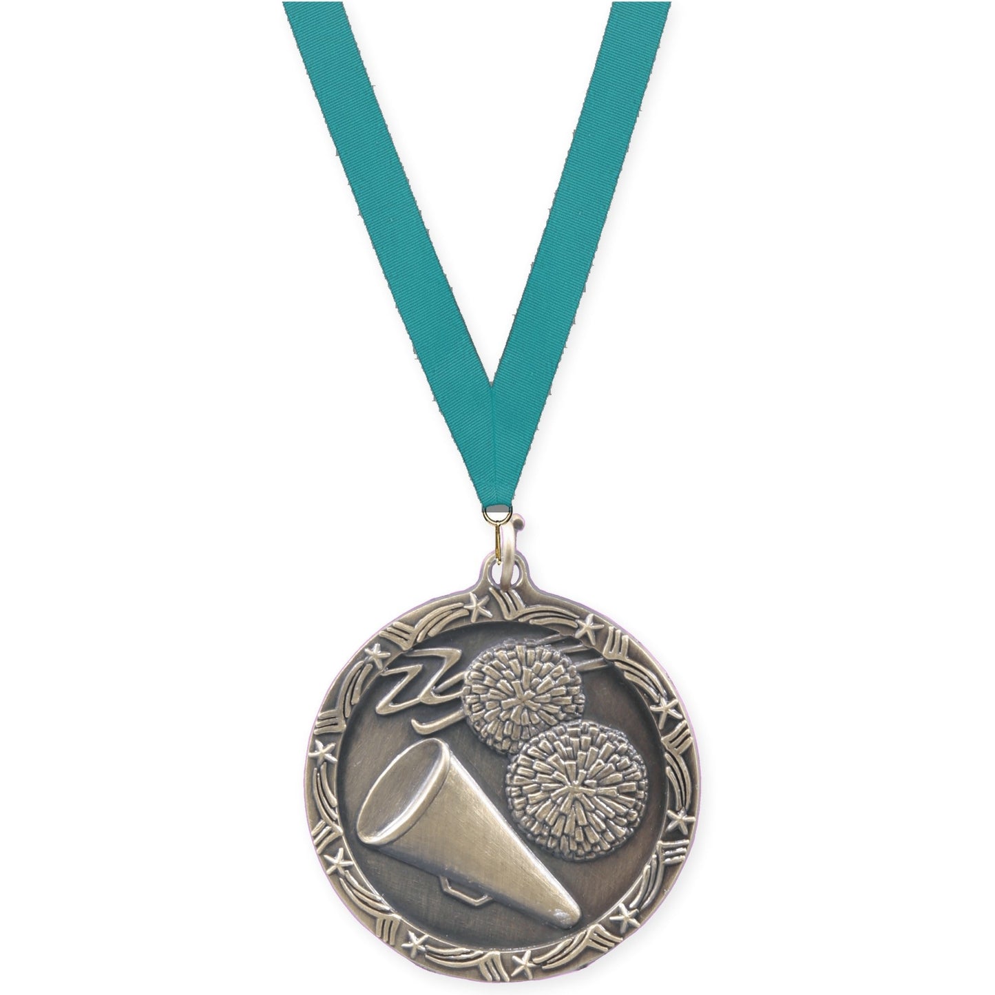 1 3/4 inch cheerleading Shooting Star medal in antique gold with Teal neck ribbon