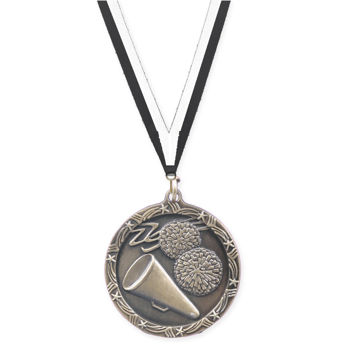 1 3/4 inch cheerleading Shooting Star medal in antique gold with Black White neck ribbon
