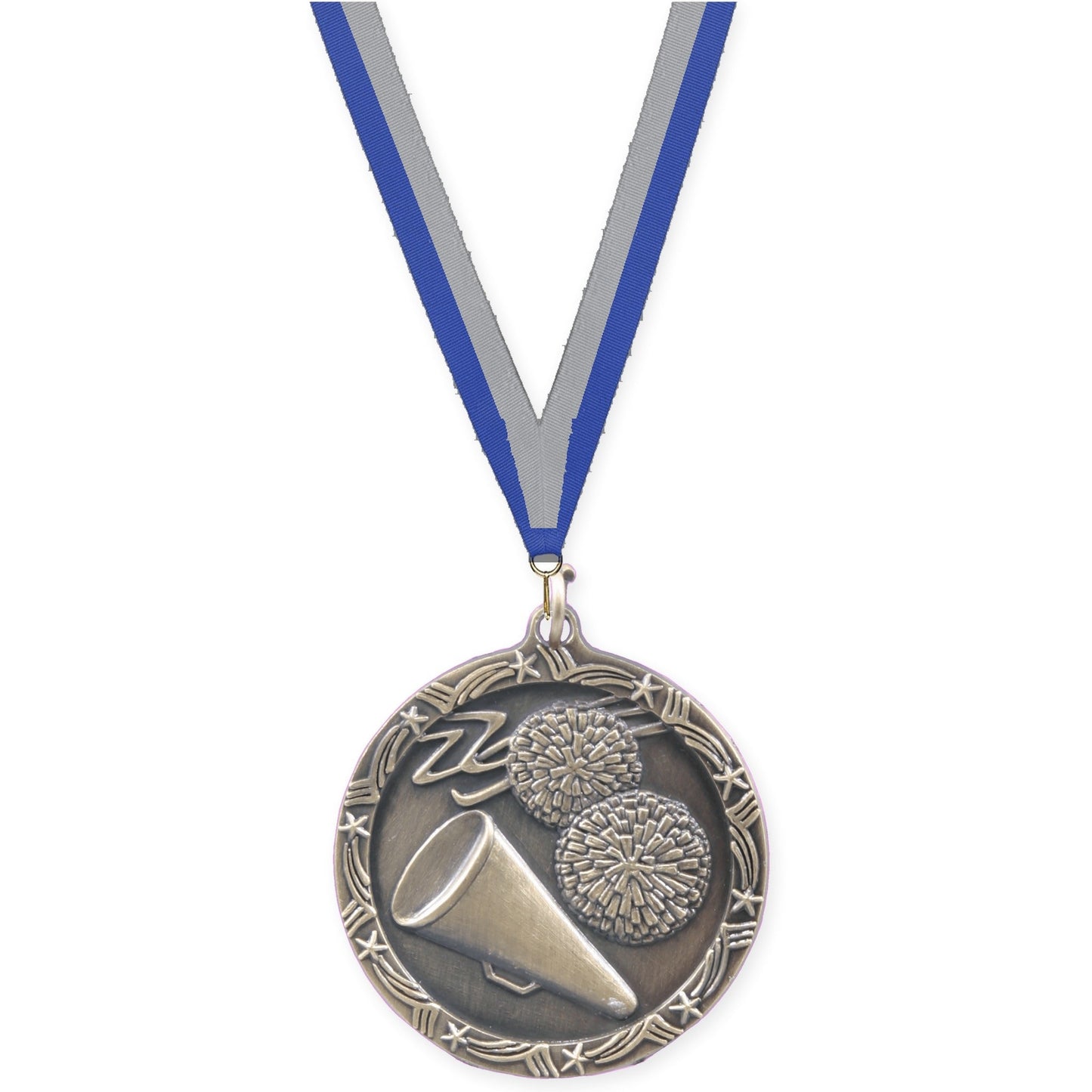 1 3/4 inch cheerleading Shooting Star medal in antique gold with Blue Gray neck ribbon