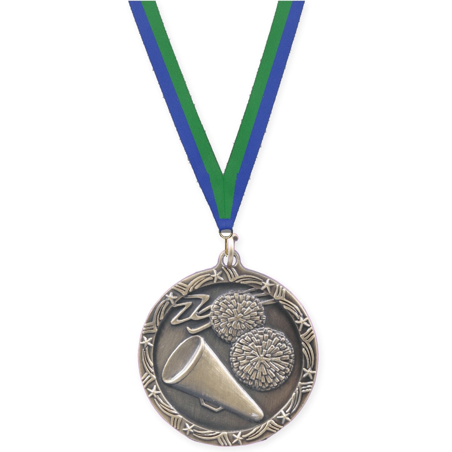 1 3/4 inch cheerleading Shooting Star medal in antique gold with Blue Green neck ribbon