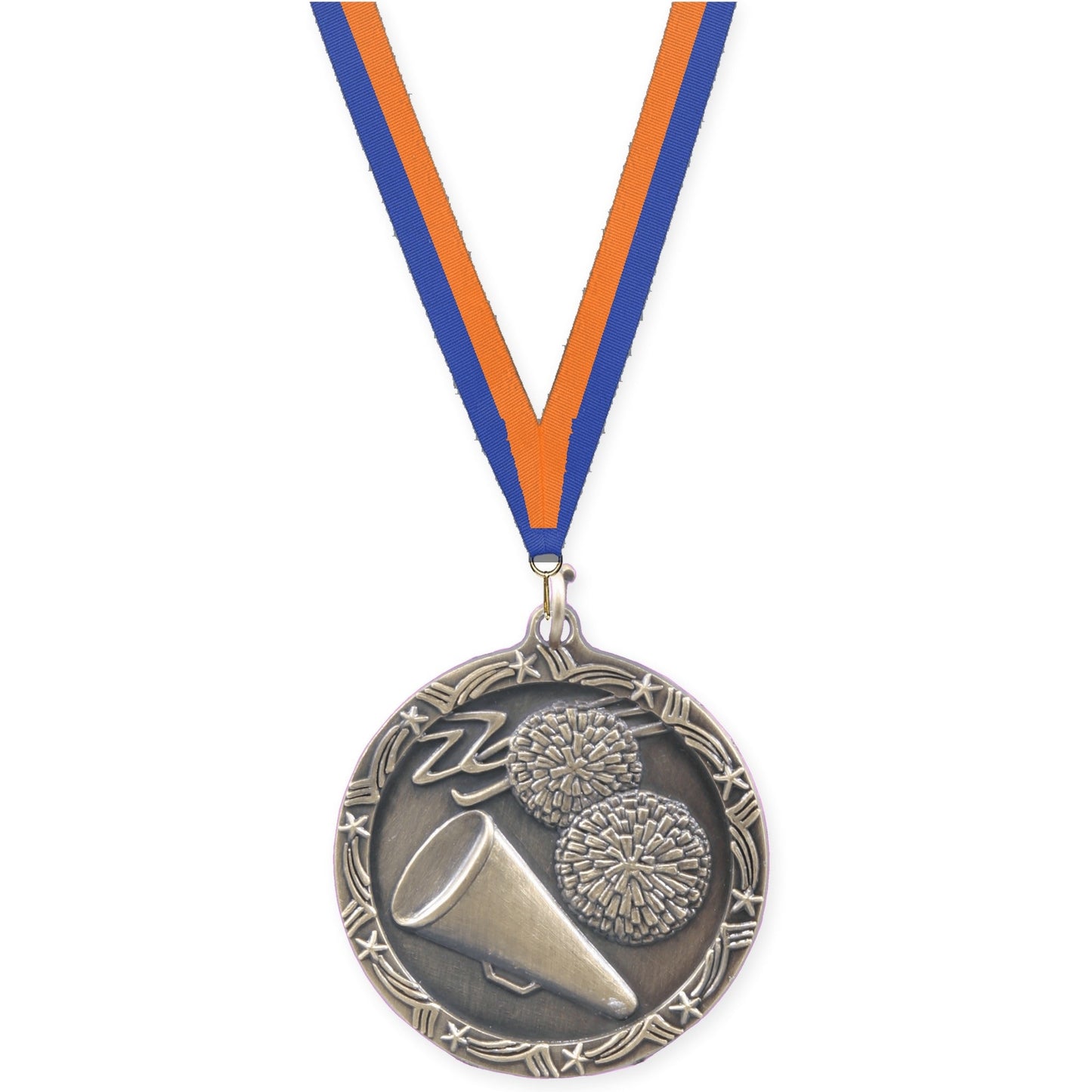1 3/4 inch cheerleading Shooting Star medal in antique gold with Blue Orange neck ribbon