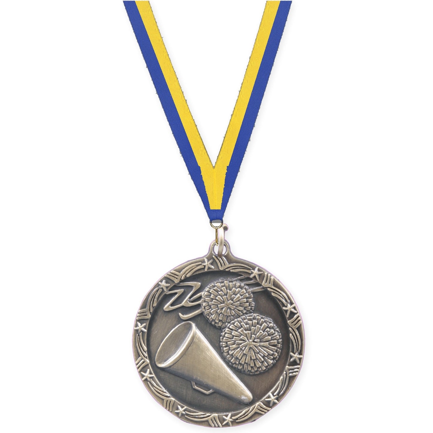1 3/4 inch cheerleading Shooting Star medal in antique gold with Blue Yellow neck ribbon