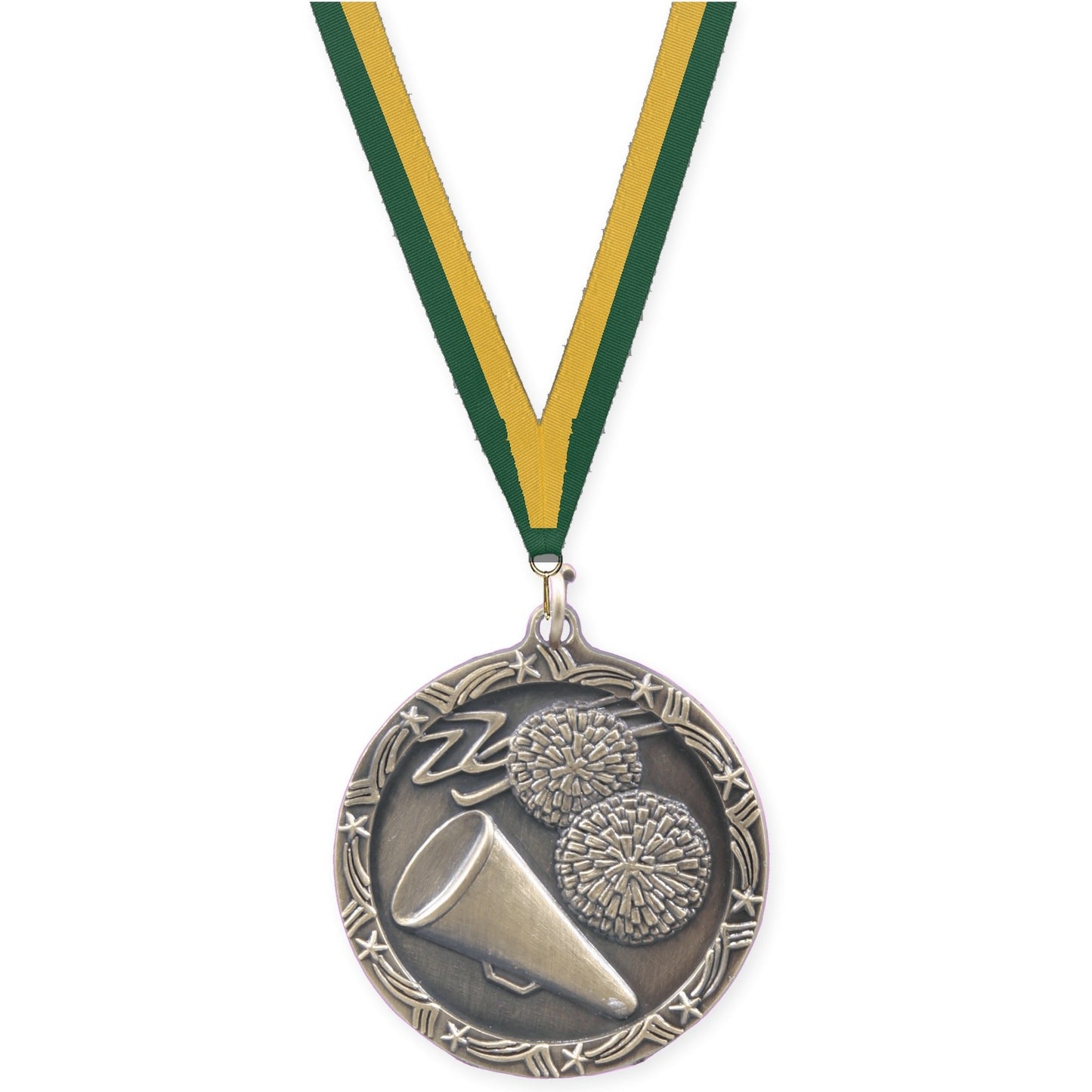 1 3/4 inch cheerleading Shooting Star medal in antique gold with Hunter Green Gold neck ribbon