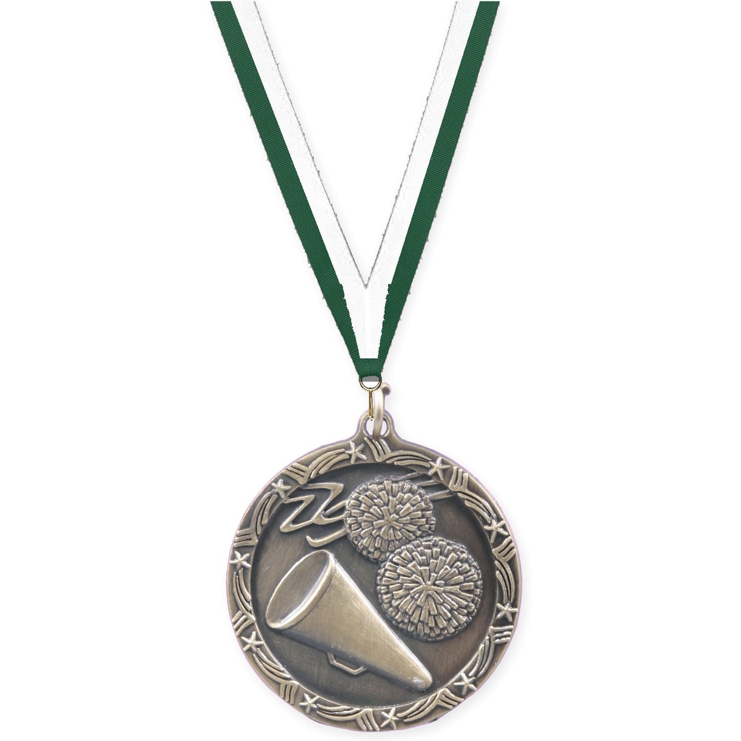 1 3/4 inch cheerleading Shooting Star medal in antique gold with Hunter Green White neck ribbon
