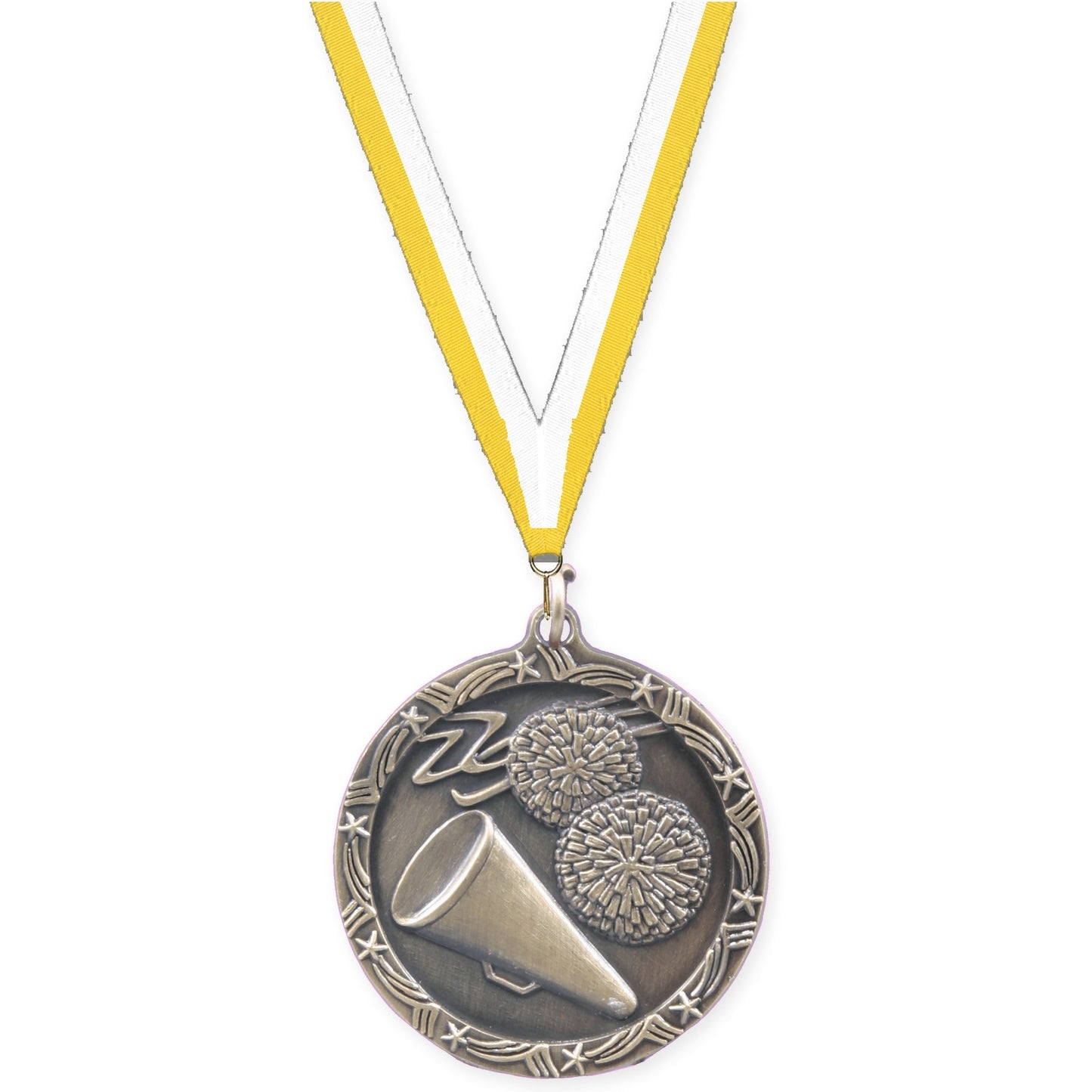 1 3/4 inch cheerleading Shooting Star medal in antique gold with Yellow White neck ribbon
