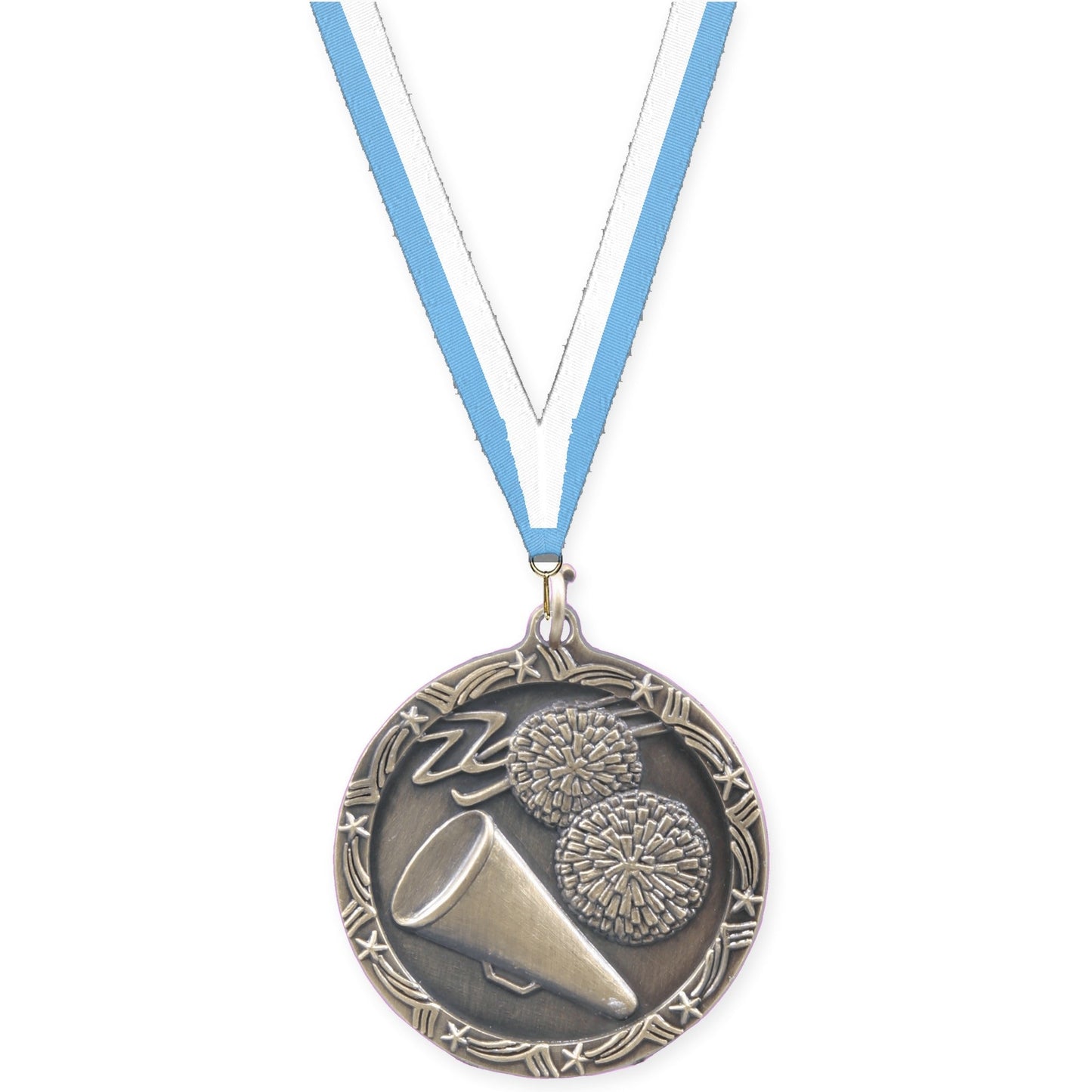 1 3/4 inch cheerleading Shooting Star medal in antique gold with Light Blue White neck ribbon