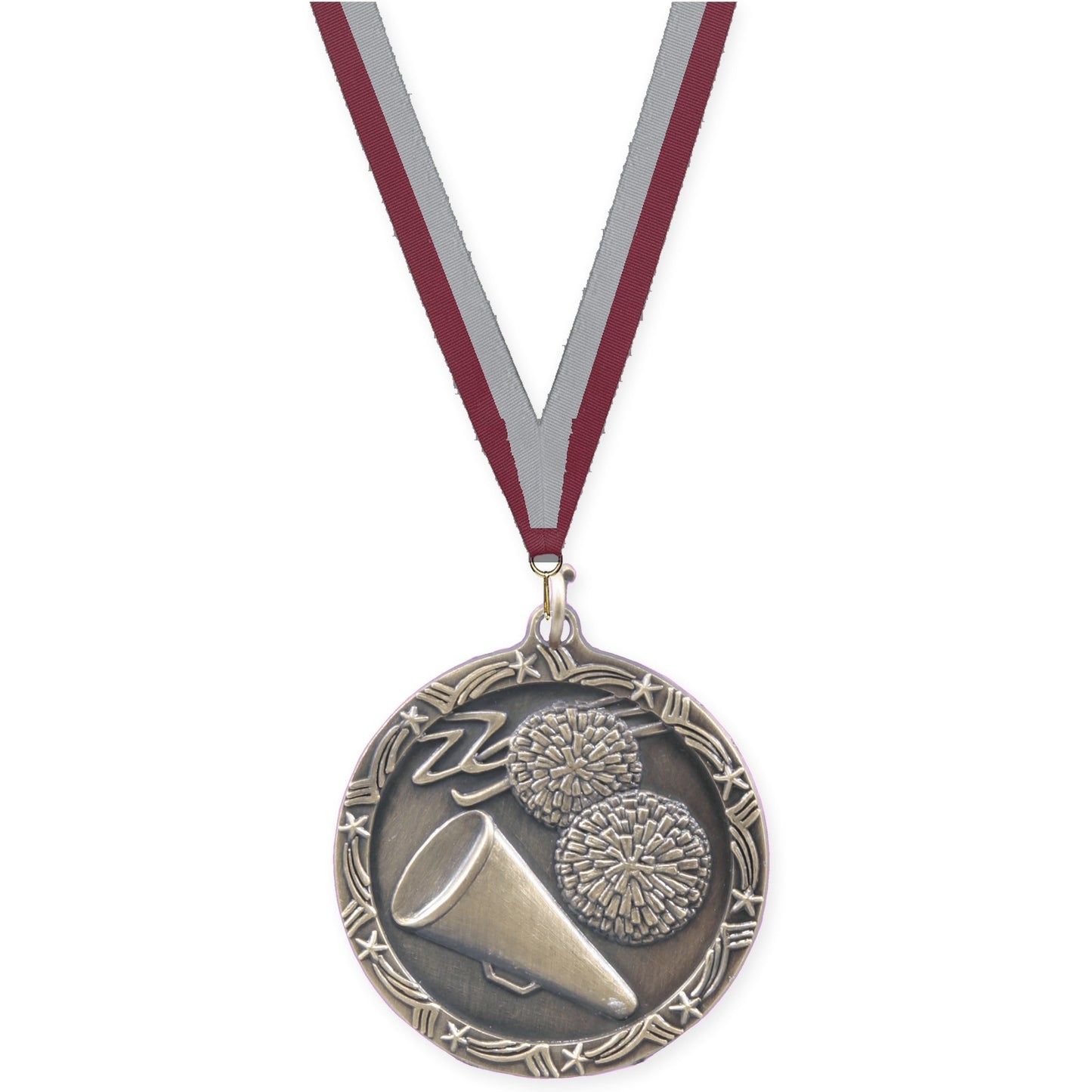 1 3/4 inch cheerleading Shooting Star medal in antique gold with Maroon Gray neck ribbon