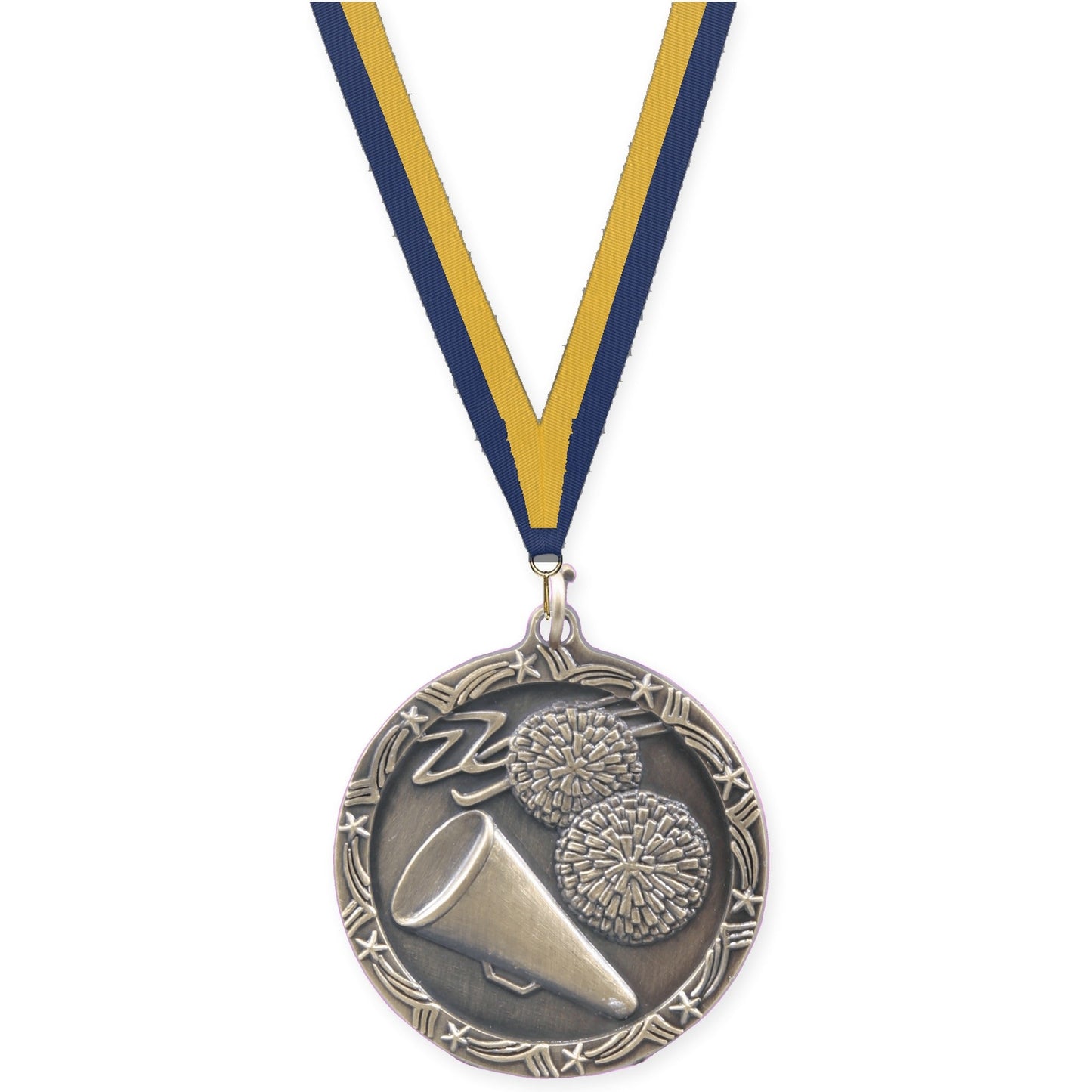 1 3/4 inch cheerleading Shooting Star medal in antique gold with Navy Gold neck ribbon