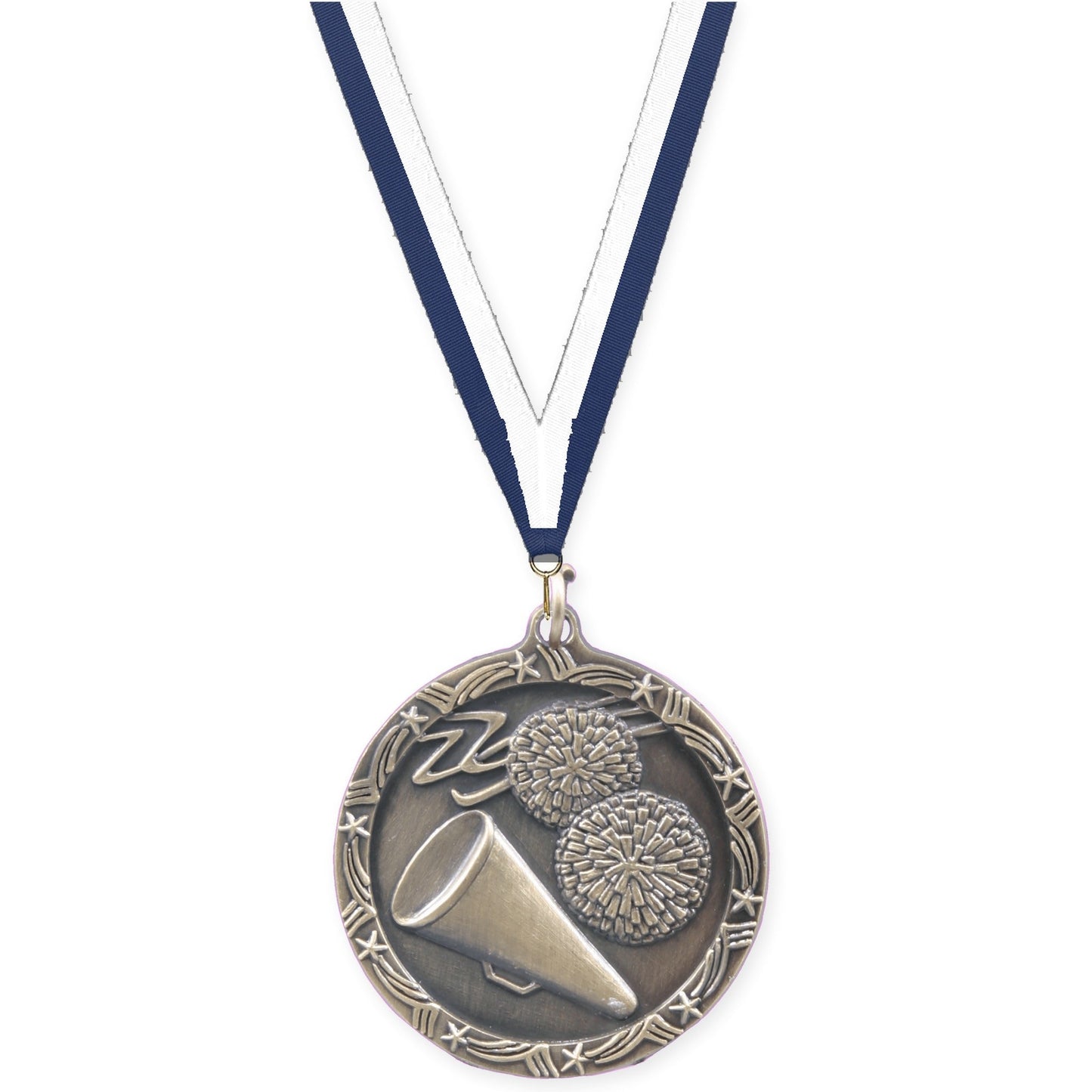 1 3/4 inch cheerleading Shooting Star medal in antique gold with Navy White neck ribbon