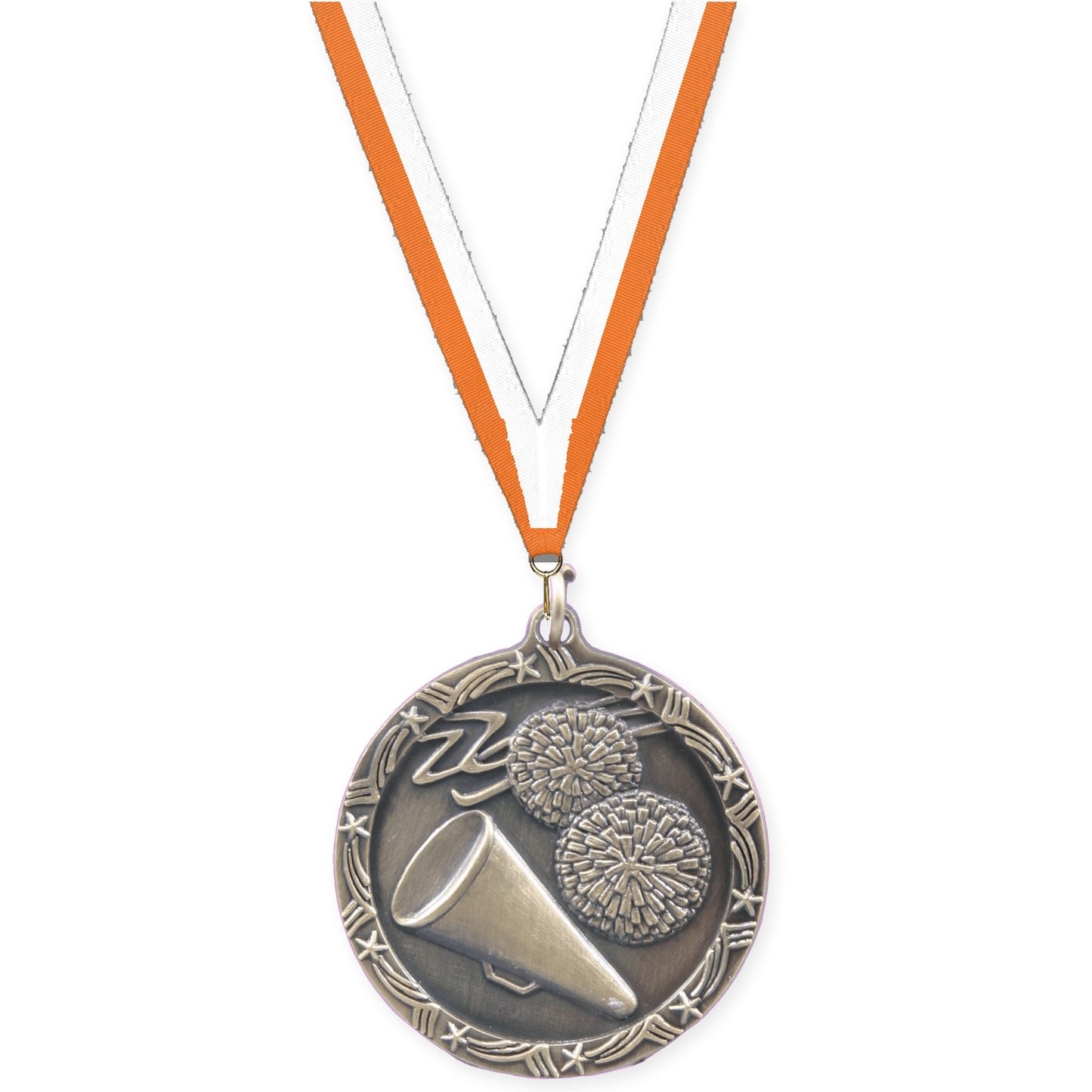 1 3/4 inch cheerleading Shooting Star medal in antique gold with Orange White neck ribbon