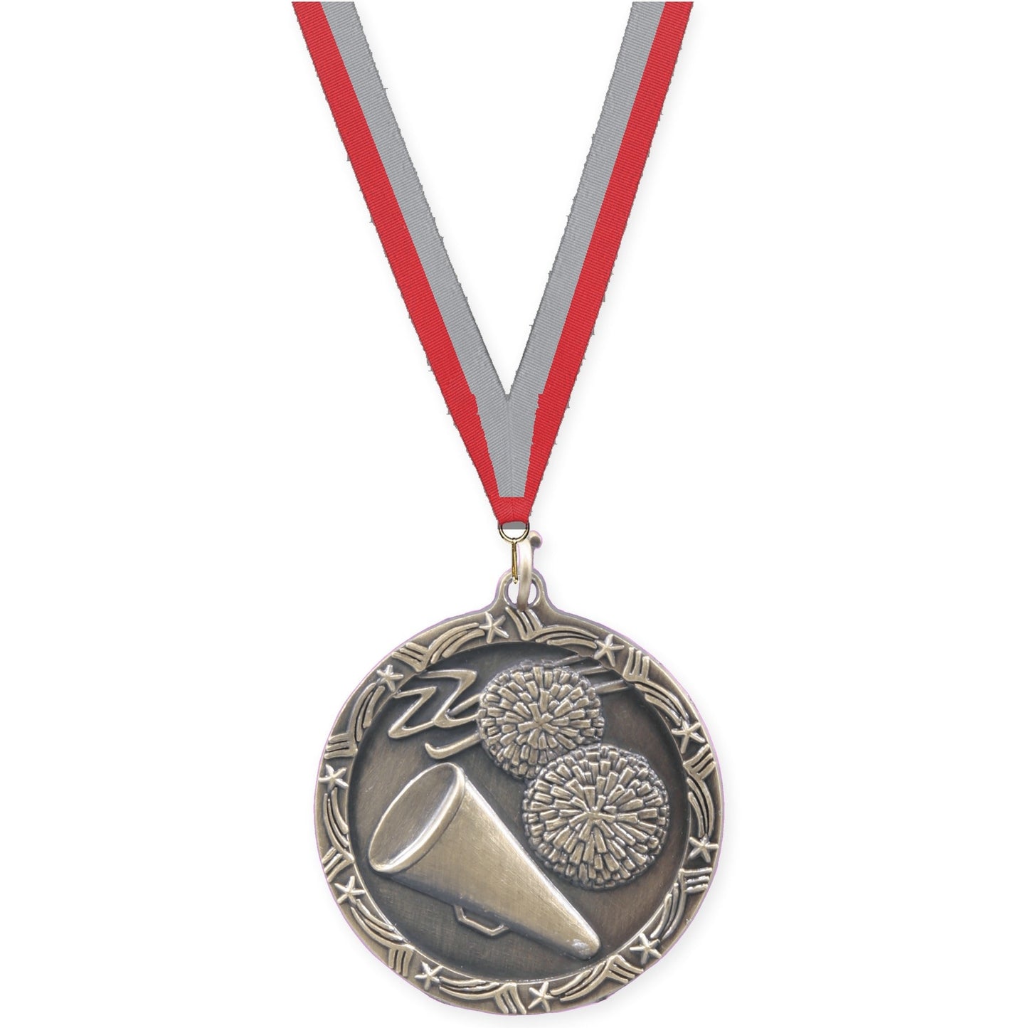 1 3/4 inch cheerleading Shooting Star medal in antique gold with Red Gray neck ribbon