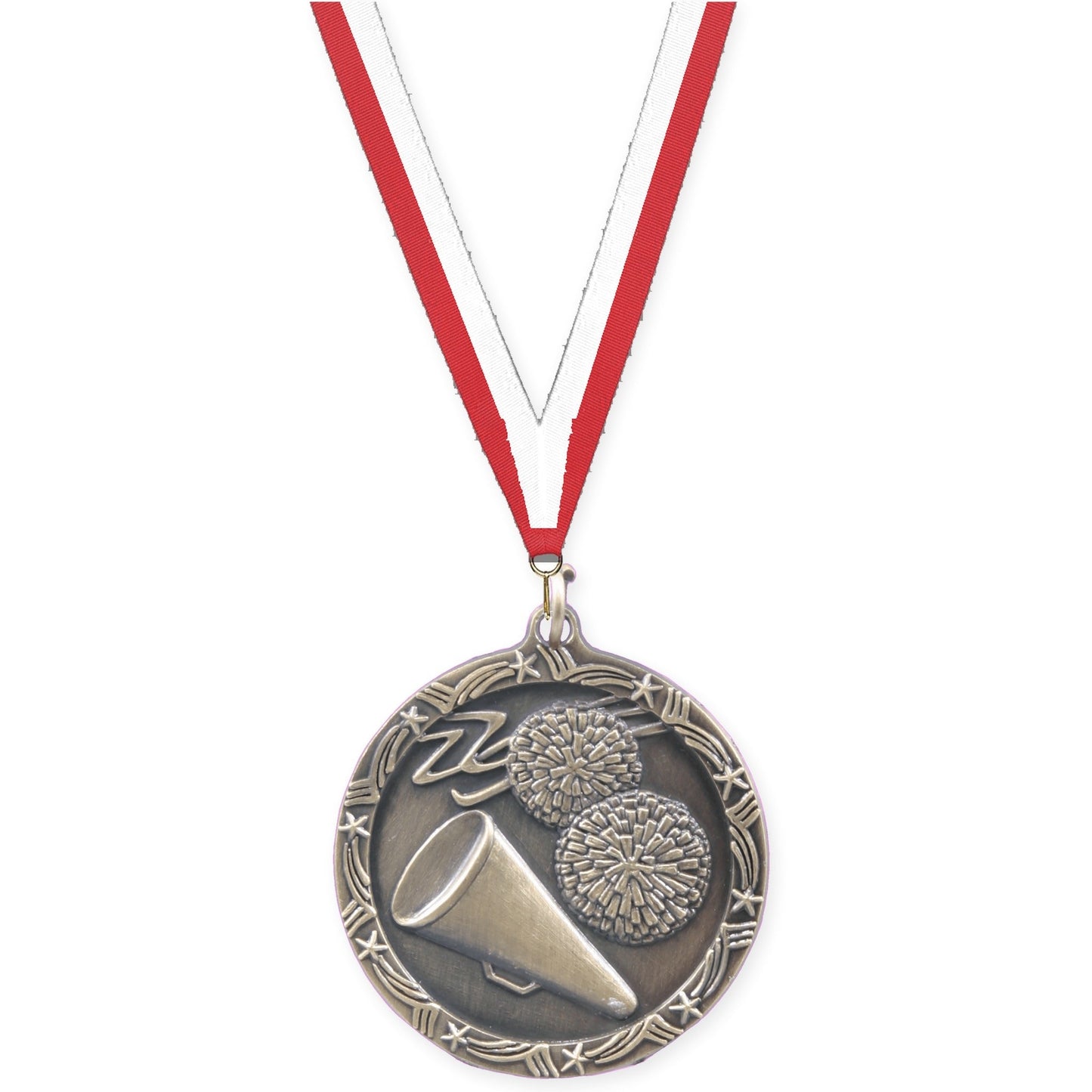 1 3/4 inch cheerleading Shooting Star medal in antique gold with Red White neck ribbon