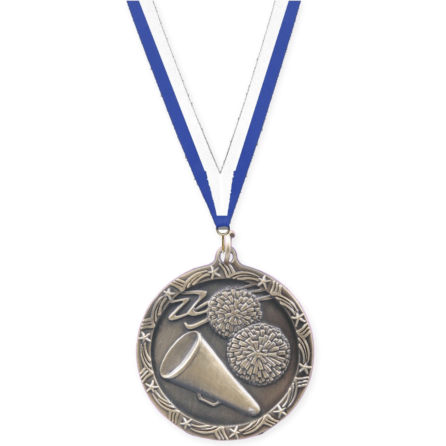 1 3/4 inch cheerleading Shooting Star medal in antique gold with Blue White neck ribbon