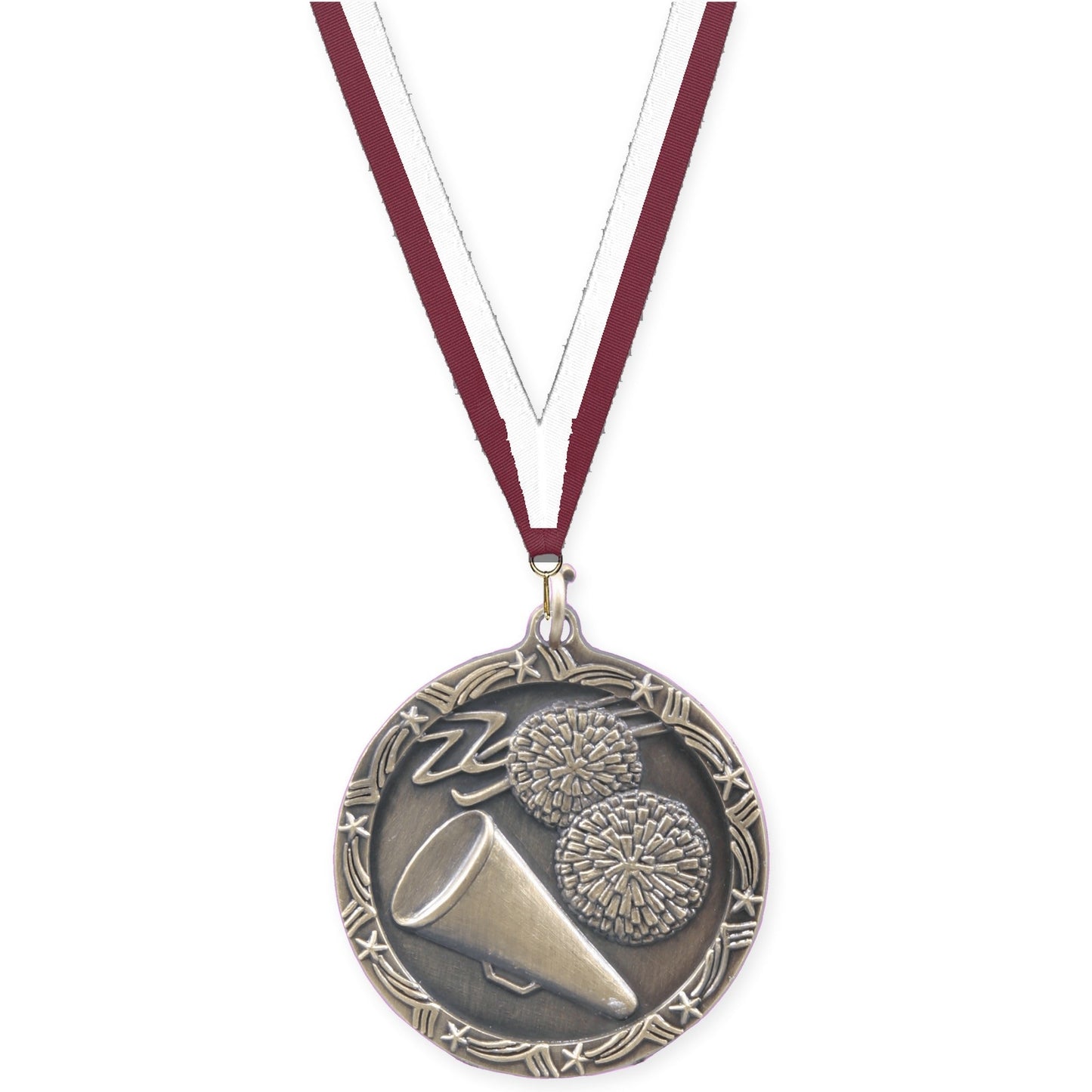 1 3/4 inch cheerleading Shooting Star medal in antique gold with Maroon White neck ribbon