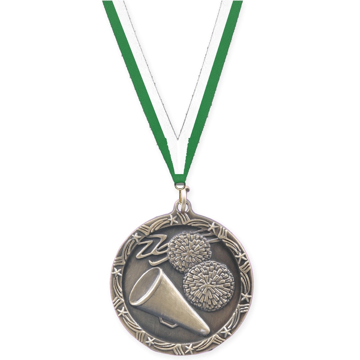 1 3/4 inch cheerleading Shooting Star medal in antique gold with Green White neck ribbon