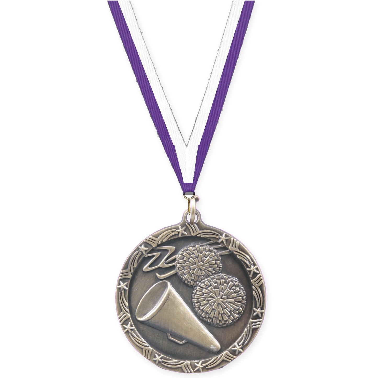 1 3/4 inch cheerleading Shooting Star medal in antique gold with Purple White neck ribbon