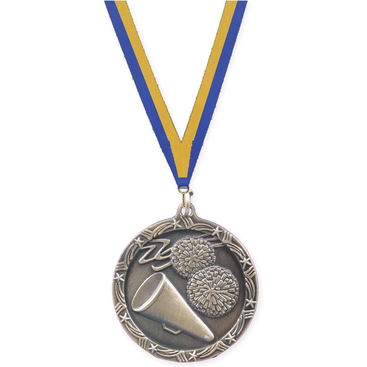 1 3/4 inch cheerleading Shooting Star medal in antique gold with Blue Gold neck ribbon