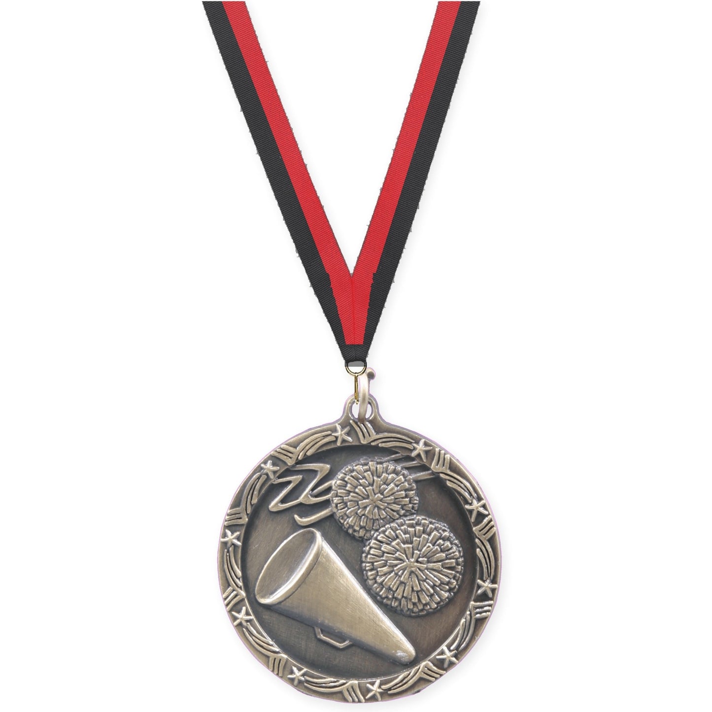 1 3/4 inch cheerleading Shooting Star medal in antique gold with Black Red neck ribbon