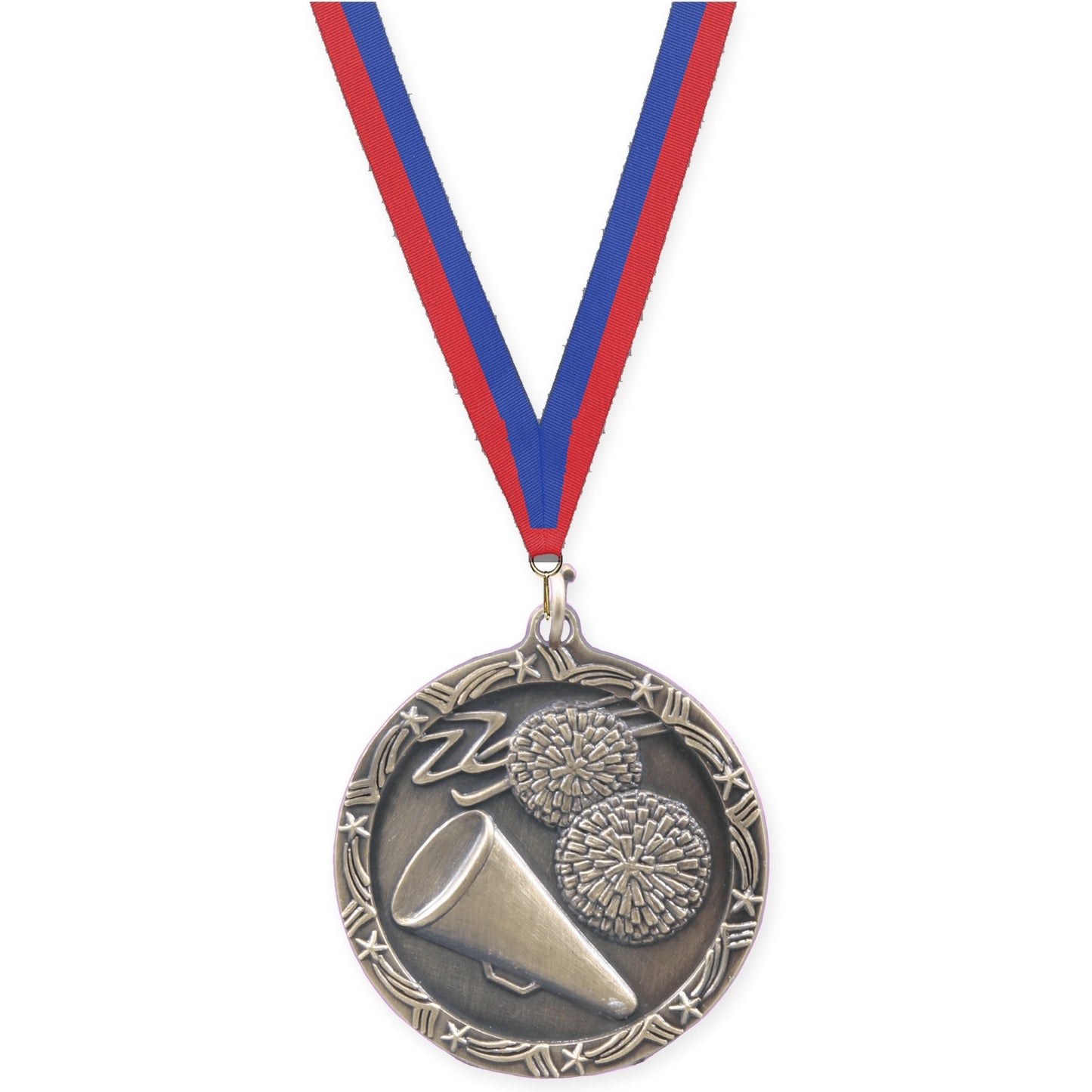 1 3/4 inch cheerleading Shooting Star medal in antique gold with Blue Red neck ribbon