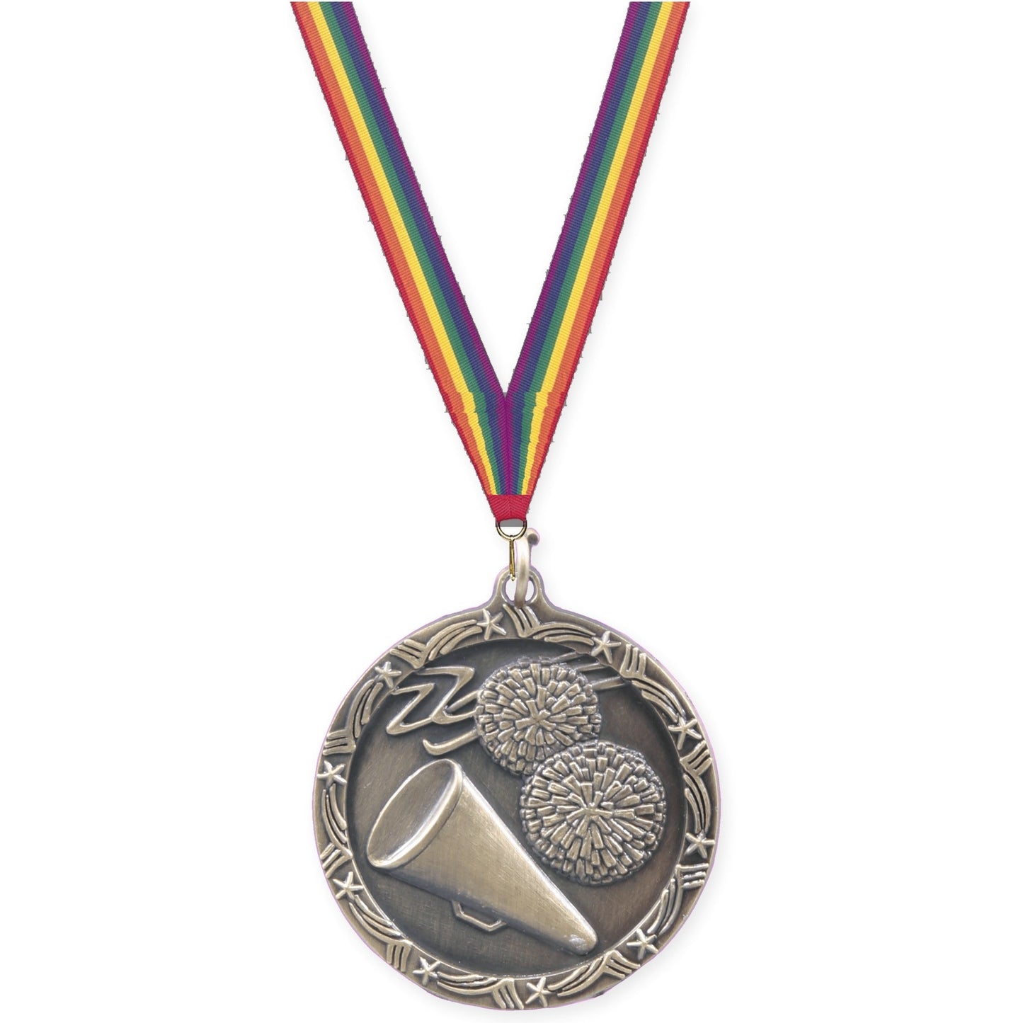 1 3/4 inch cheerleading Shooting Star medal in antique gold with Rainbow neck ribbon