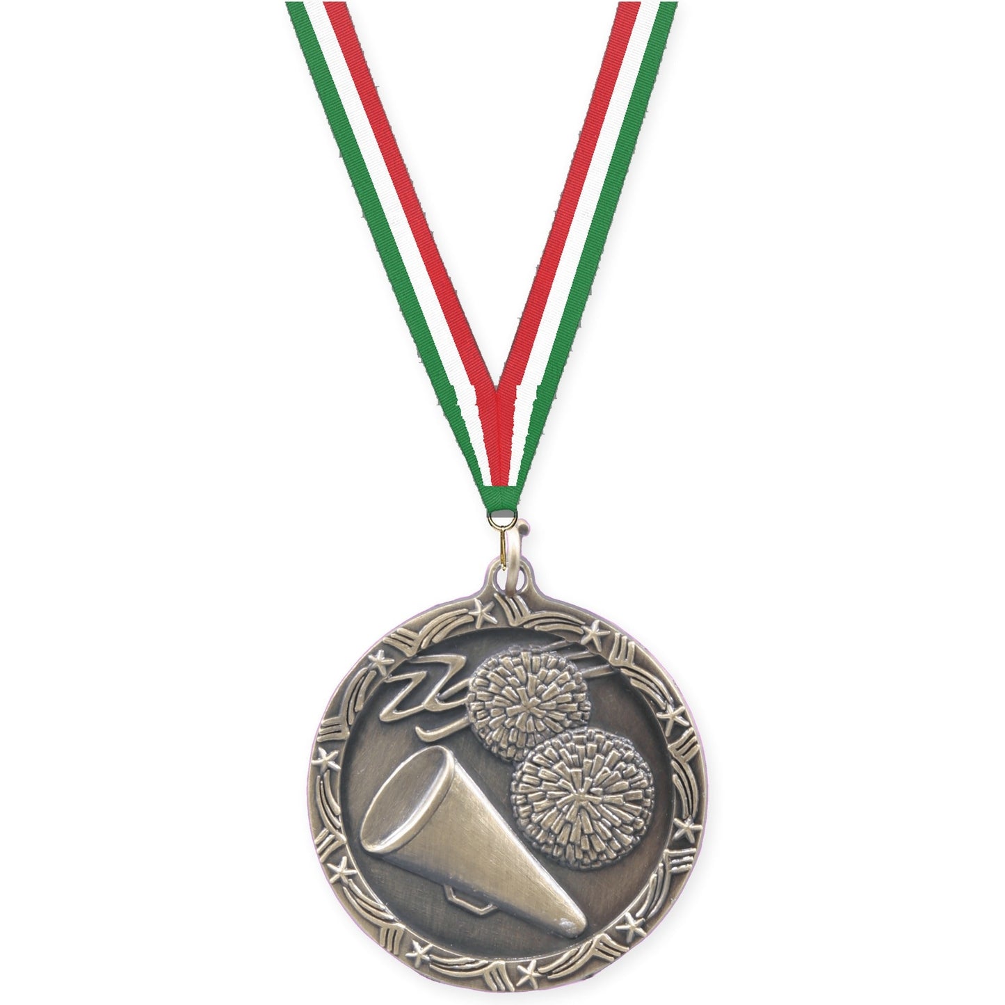 1 3/4 inch cheerleading Shooting Star medal in antique gold with Green White Red neck ribbon