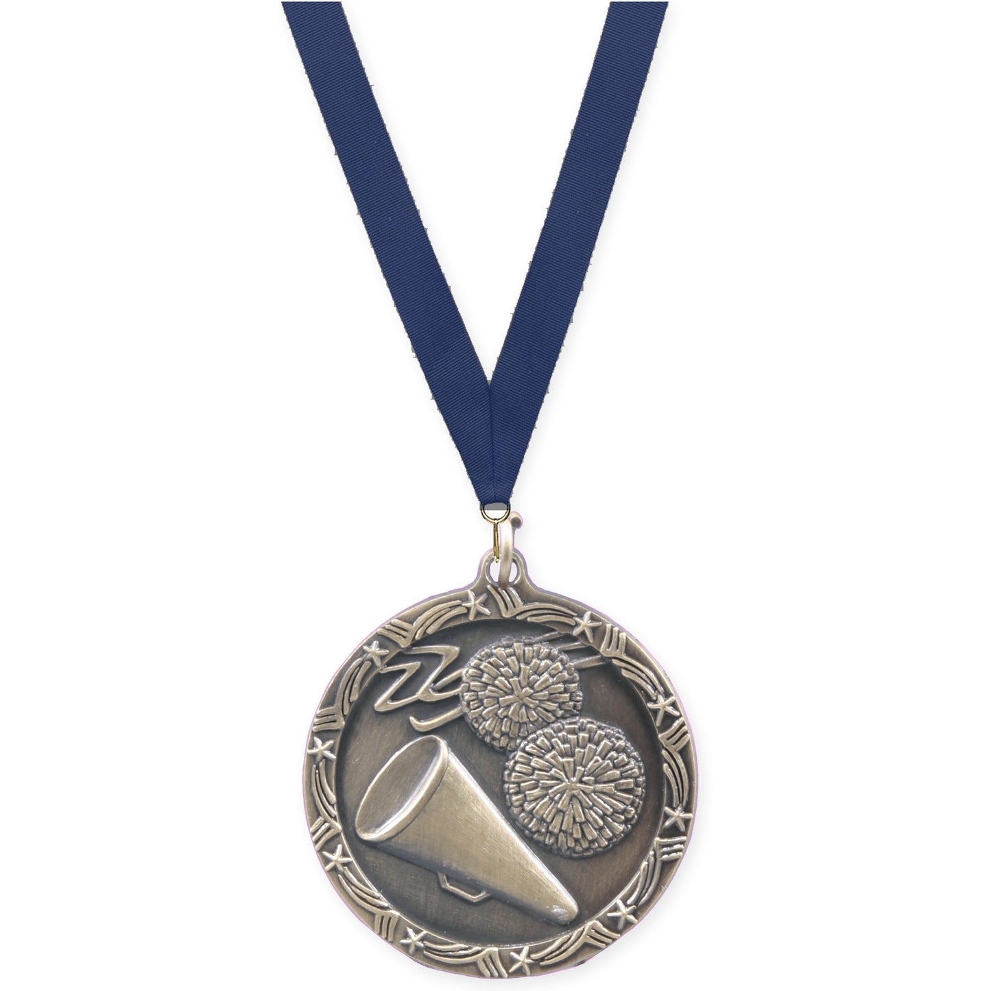 1 3/4 inch cheerleading Shooting Star medal in antique gold with Navy neck ribbon