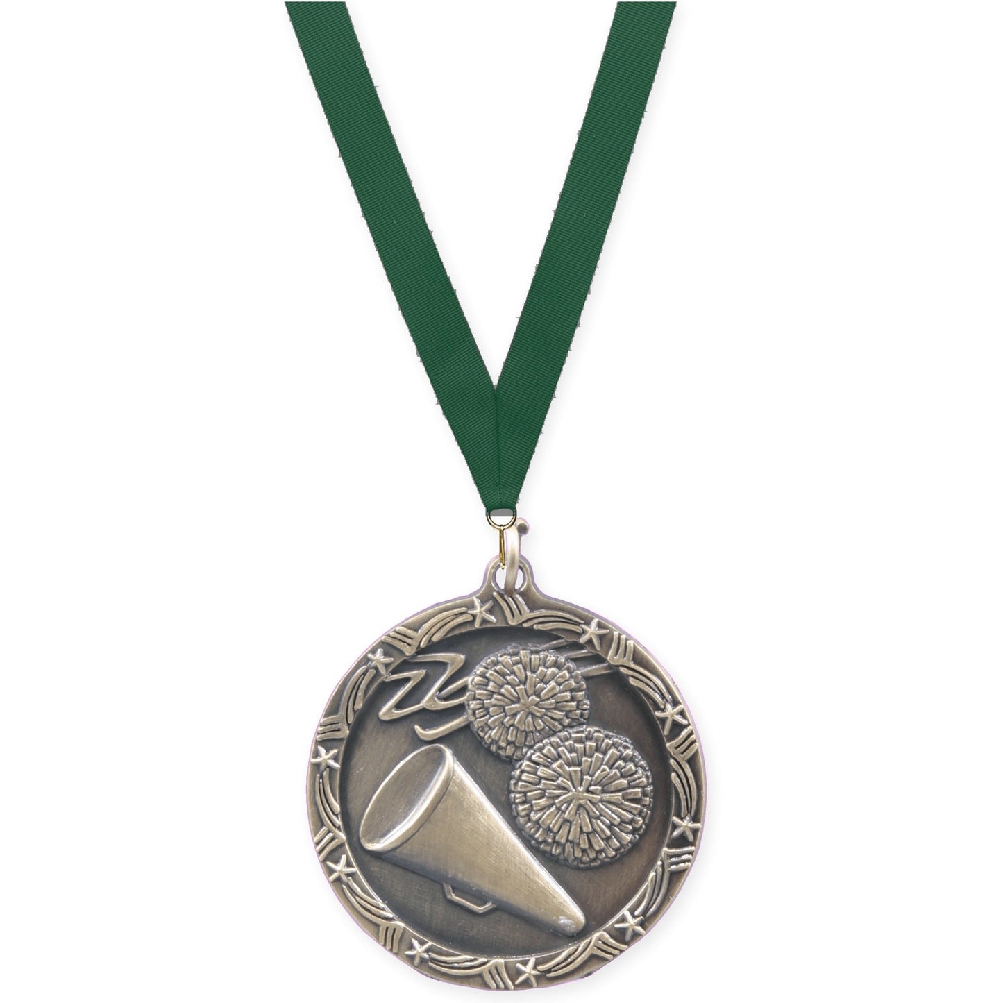 1 3/4 inch cheerleading Shooting Star medal in antique gold with Hunter Green neck ribbon