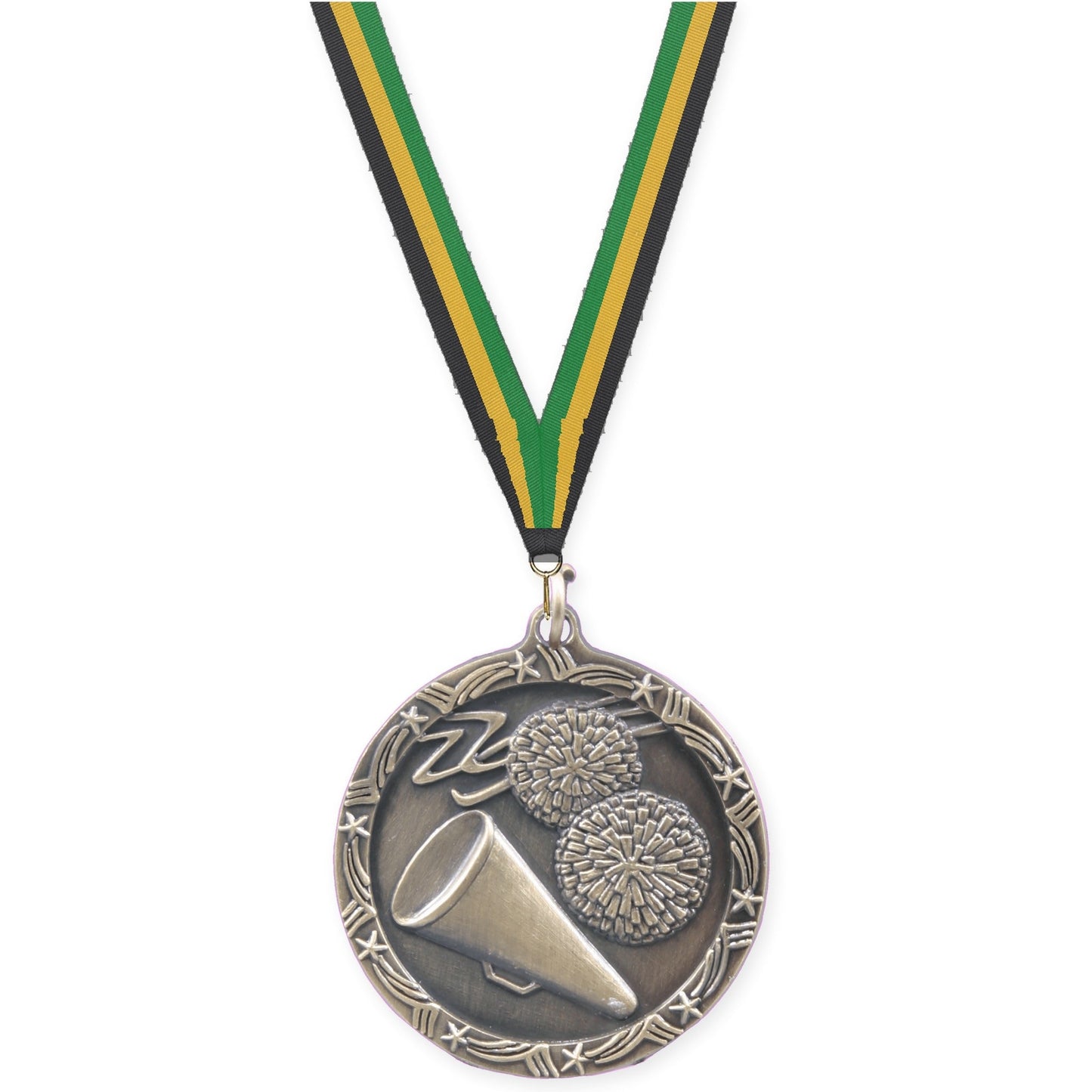 1 3/4 inch cheerleading Shooting Star medal in antique gold with Black Gold Green neck ribbon