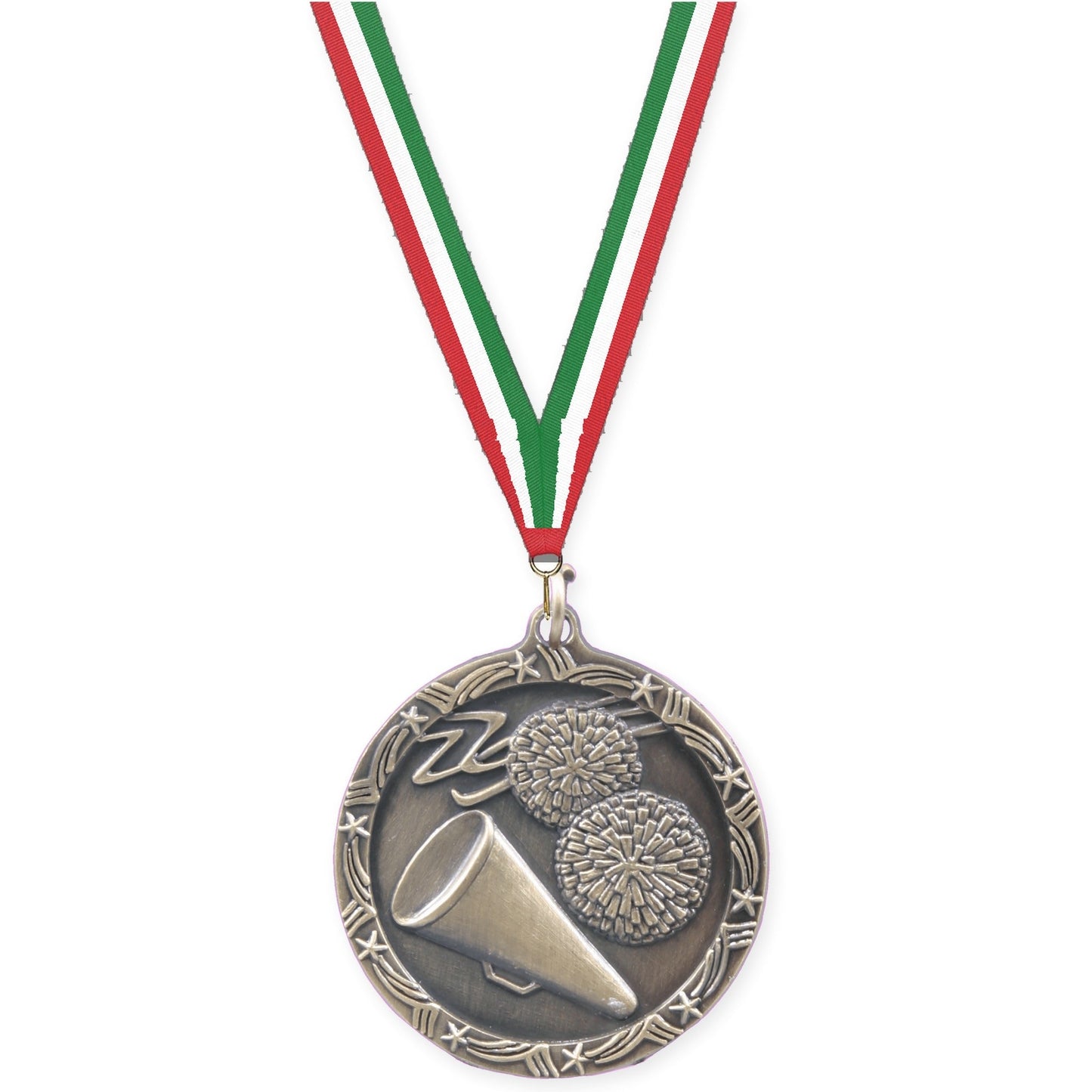 1 3/4 inch cheerleading Shooting Star medal in antique gold with Red White Green neck ribbon