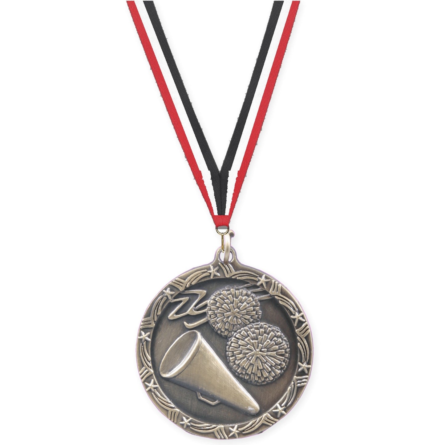 1 3/4 inch cheerleading Shooting Star medal in antique gold with Red White Black neck ribbon