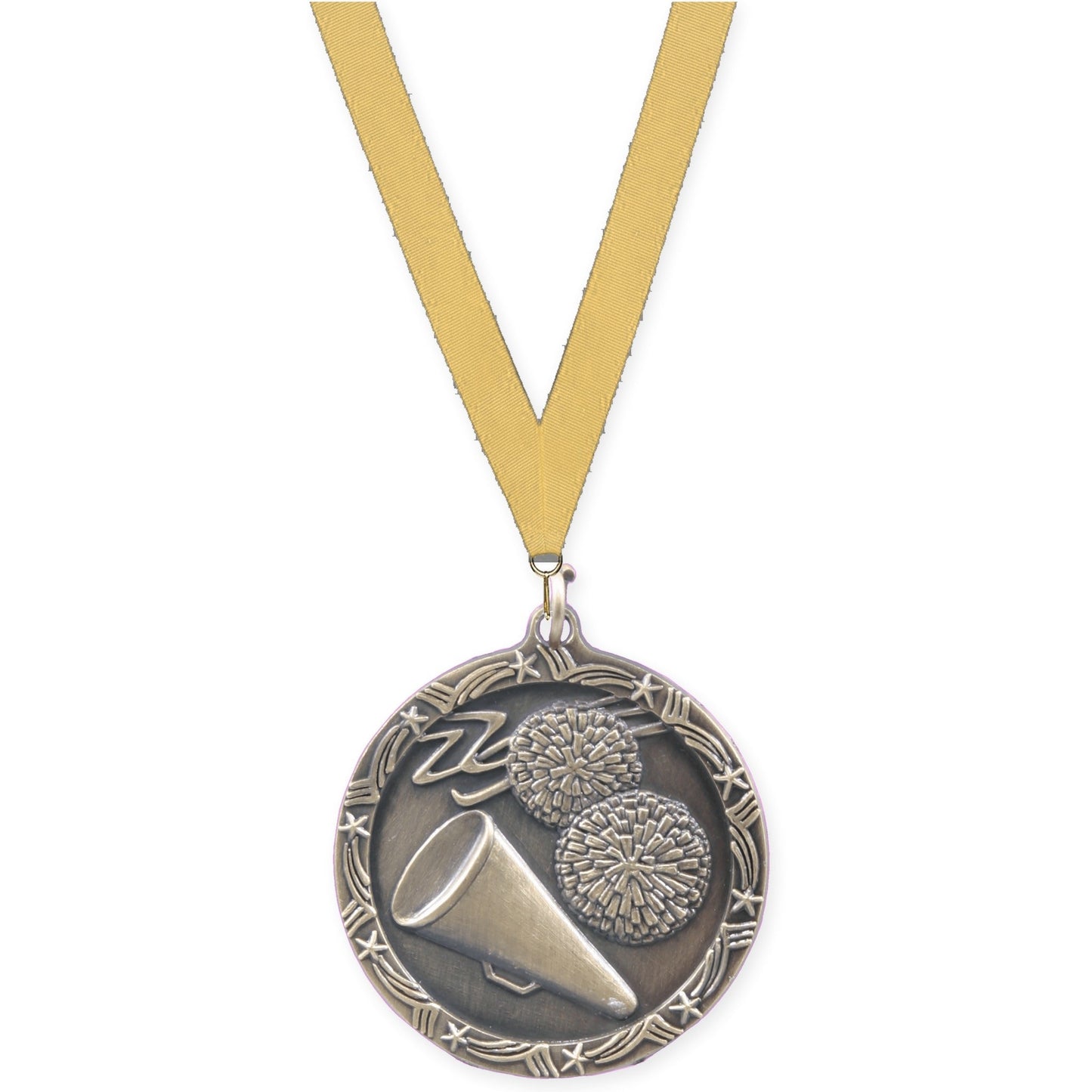 1 3/4 inch cheerleading Shooting Star medal in antique gold with Gold Metallic neck ribbon