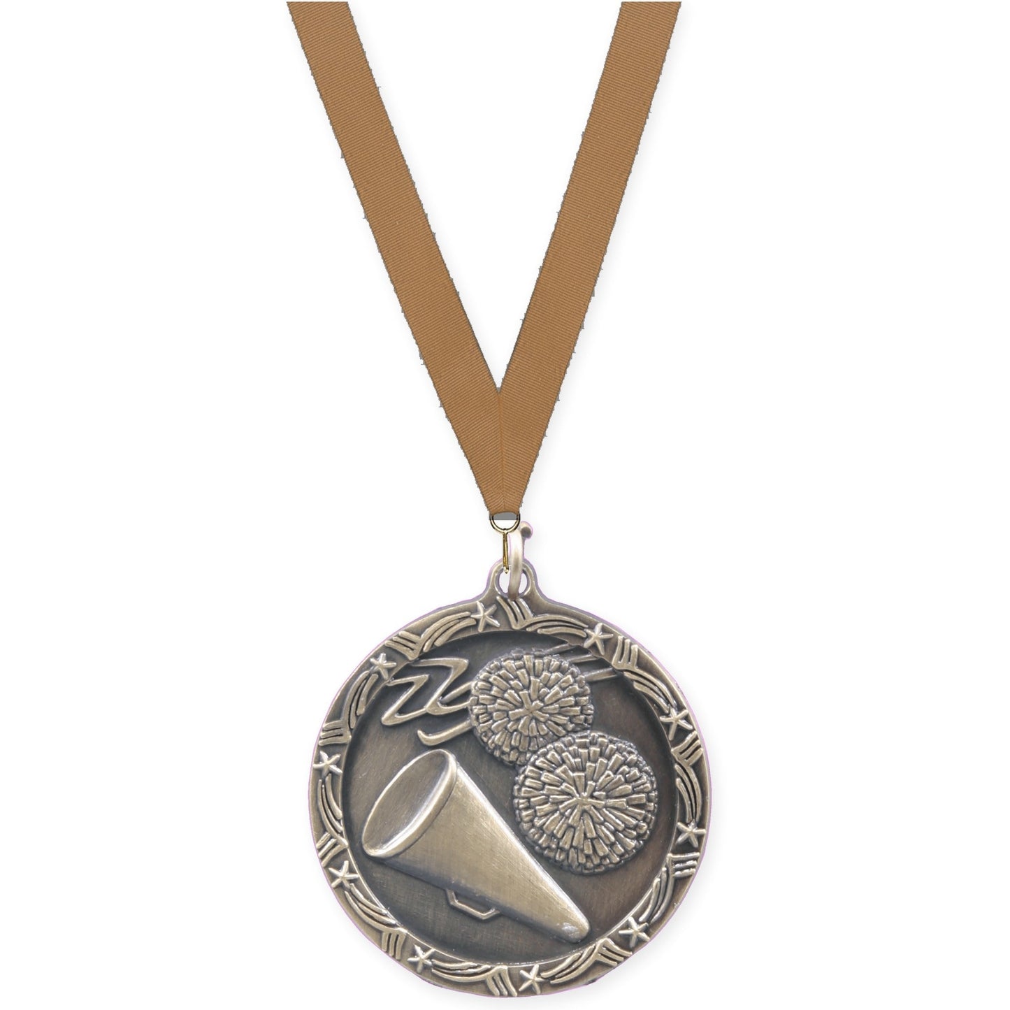 1 3/4 inch cheerleading Shooting Star medal in antique gold with Bronze Metallic neck ribbon