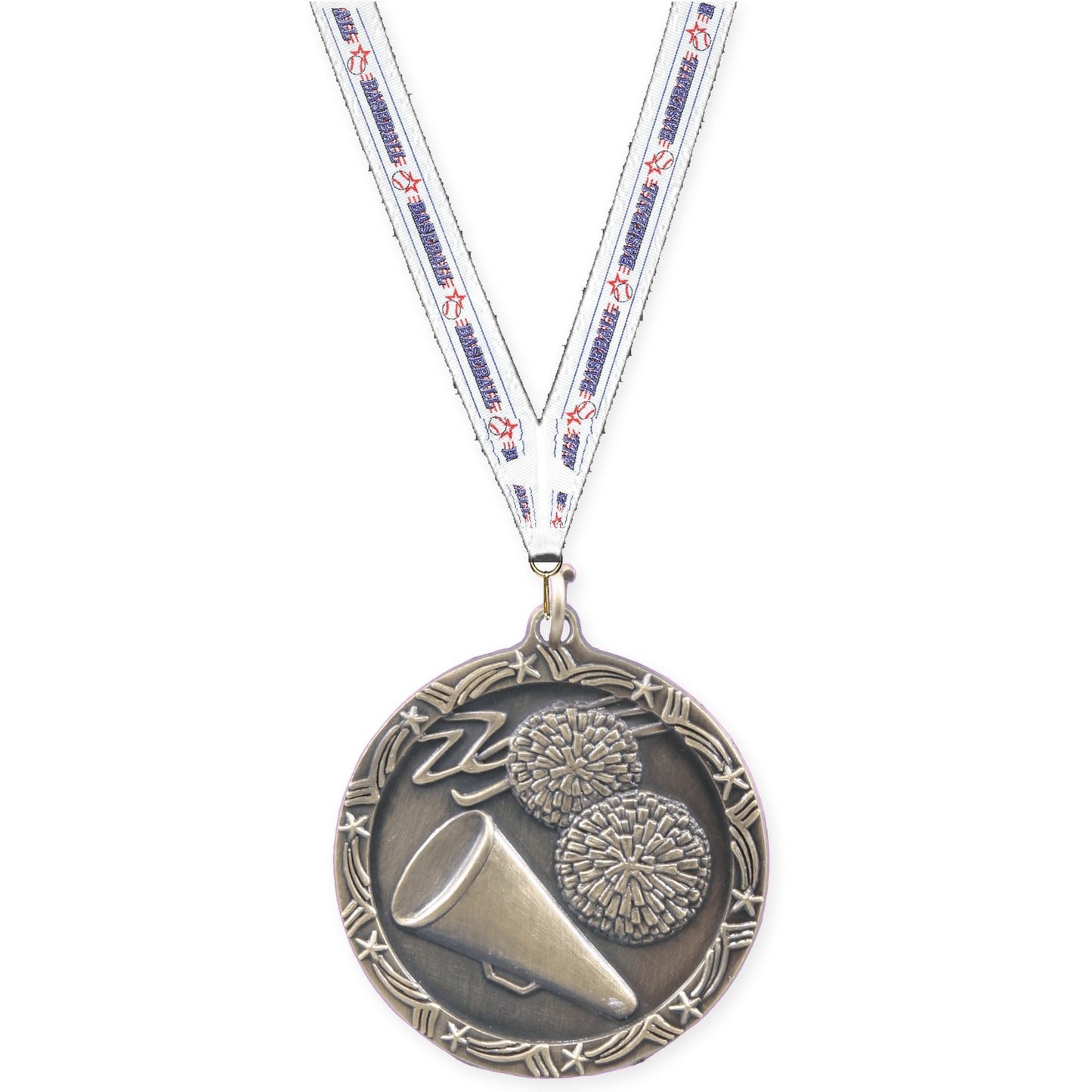 1 3/4 inch cheerleading Shooting Star medal in antique gold with Baseball neck ribbon