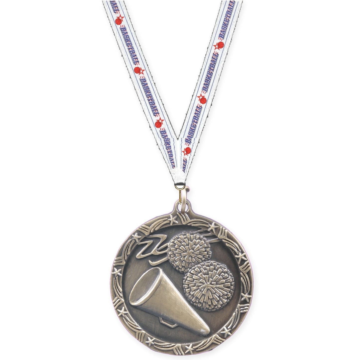 1 3/4 inch cheerleading Shooting Star medal in antique gold with Basketball neck ribbon