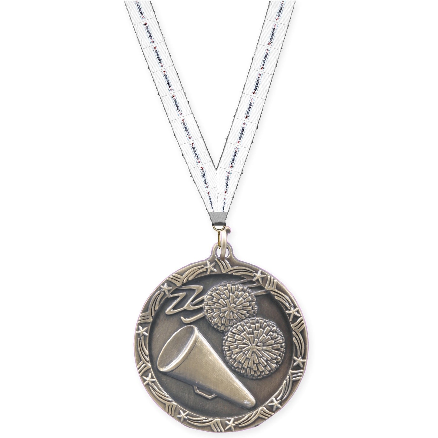 1 3/4 inch cheerleading Shooting Star medal in antique gold with Gymnastics neck ribbon