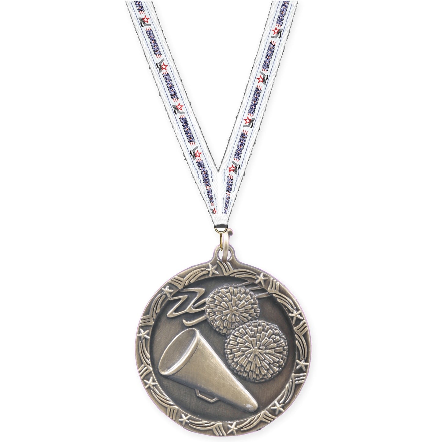 1 3/4 inch cheerleading Shooting Star medal in antique gold with Hockey neck ribbon