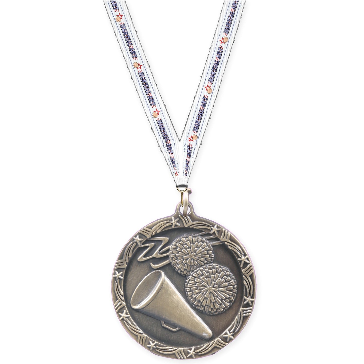 1 3/4 inch cheerleading Shooting Star medal in antique gold with Martial Arts neck ribbon