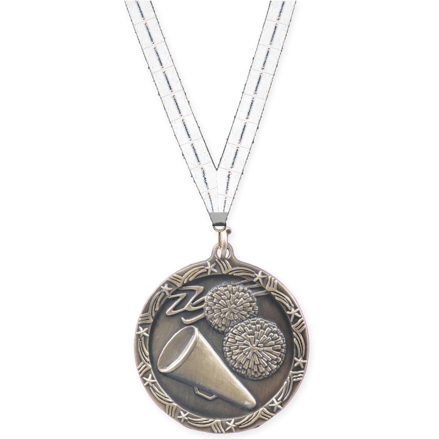1 3/4 inch cheerleading Shooting Star medal in antique gold with Lamp Of Knowledge neck ribbon